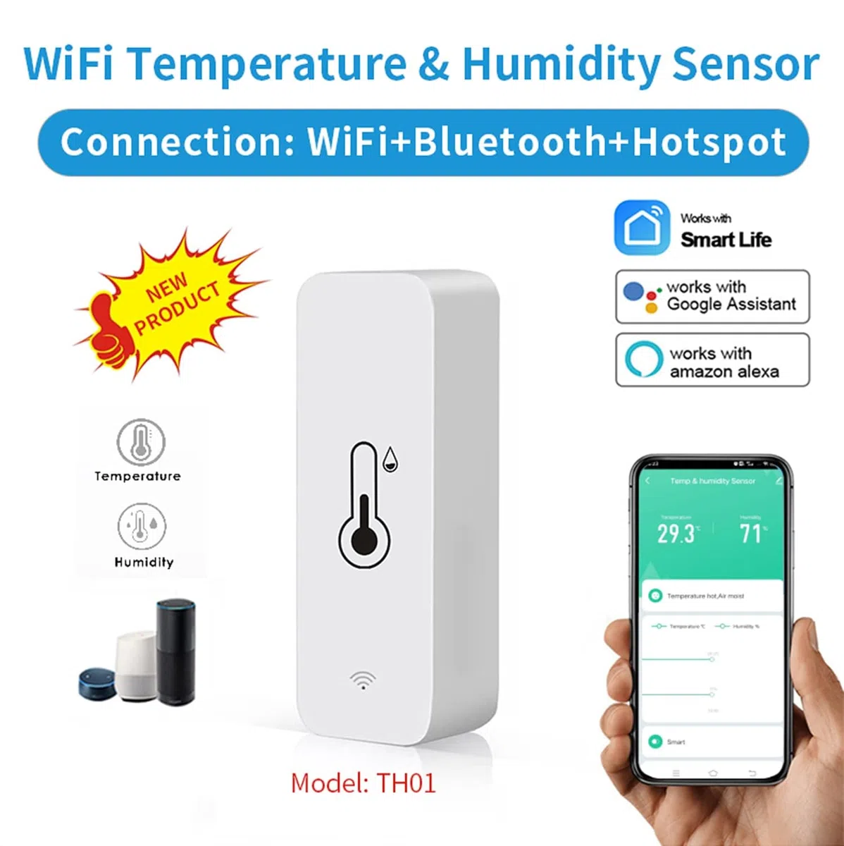 Monitor de temperatura de humedad WiFi: termómetro higrómetro inteligente para monitor remoto y alerta, termómetro interior de alta precisión con aplicación TUYA, compatible con Alexa (paquete de 1)