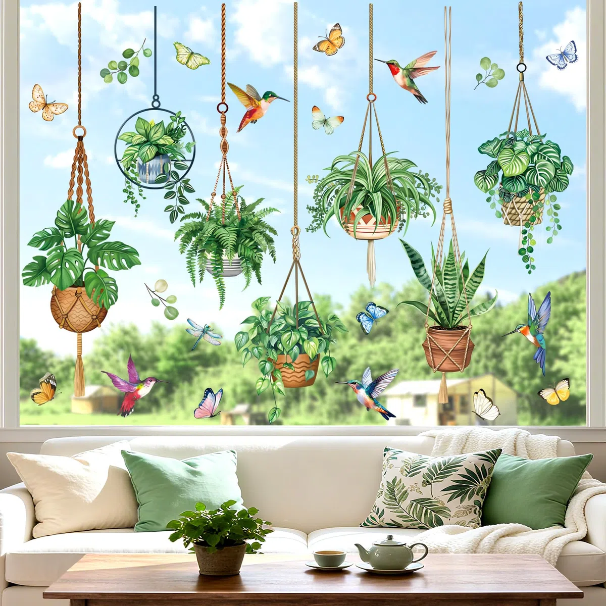 decalmile Pegatinas de Ventana Plantas en Macetas Vinilos para Ventanas Hojas Verde Pájaros Primavera Anticolisión Vinilo No Adhesivo de Pegatinas Vidrio