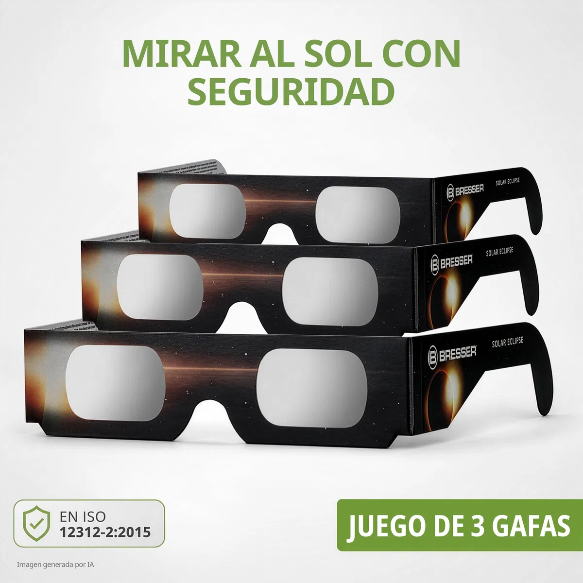 Bresser Gafas Eclipse Solar 3 Unidades, Observación Solar Segura, EN ISO 12312 2:2015, Imagen Amarillo Claro, Diseño B