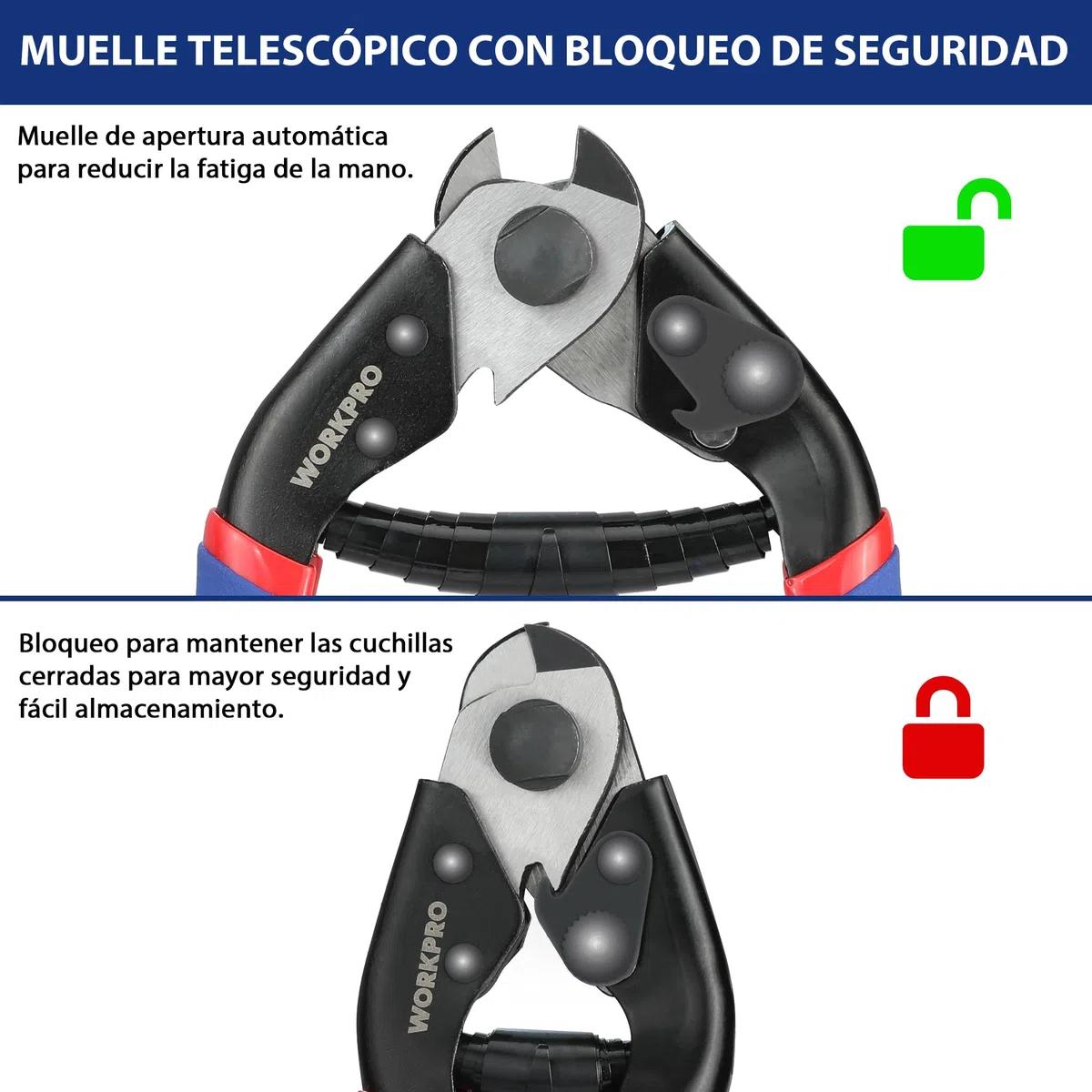 WORKPRO 190 mm Cortador de Cable, Tijeras para Cable de Acero, con Mango Antideslizante, para Cortar Cable de Acero Inoxidable/Aluminio/Cobre