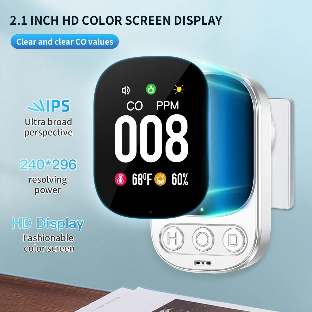 3-in-1 Plug in Detector Monoxido de Carbono con 2.1'' HD Pantalla, CO Temperatura Humedad Alarma para Casa hoteles, Blanco (EN 50291 Approved)