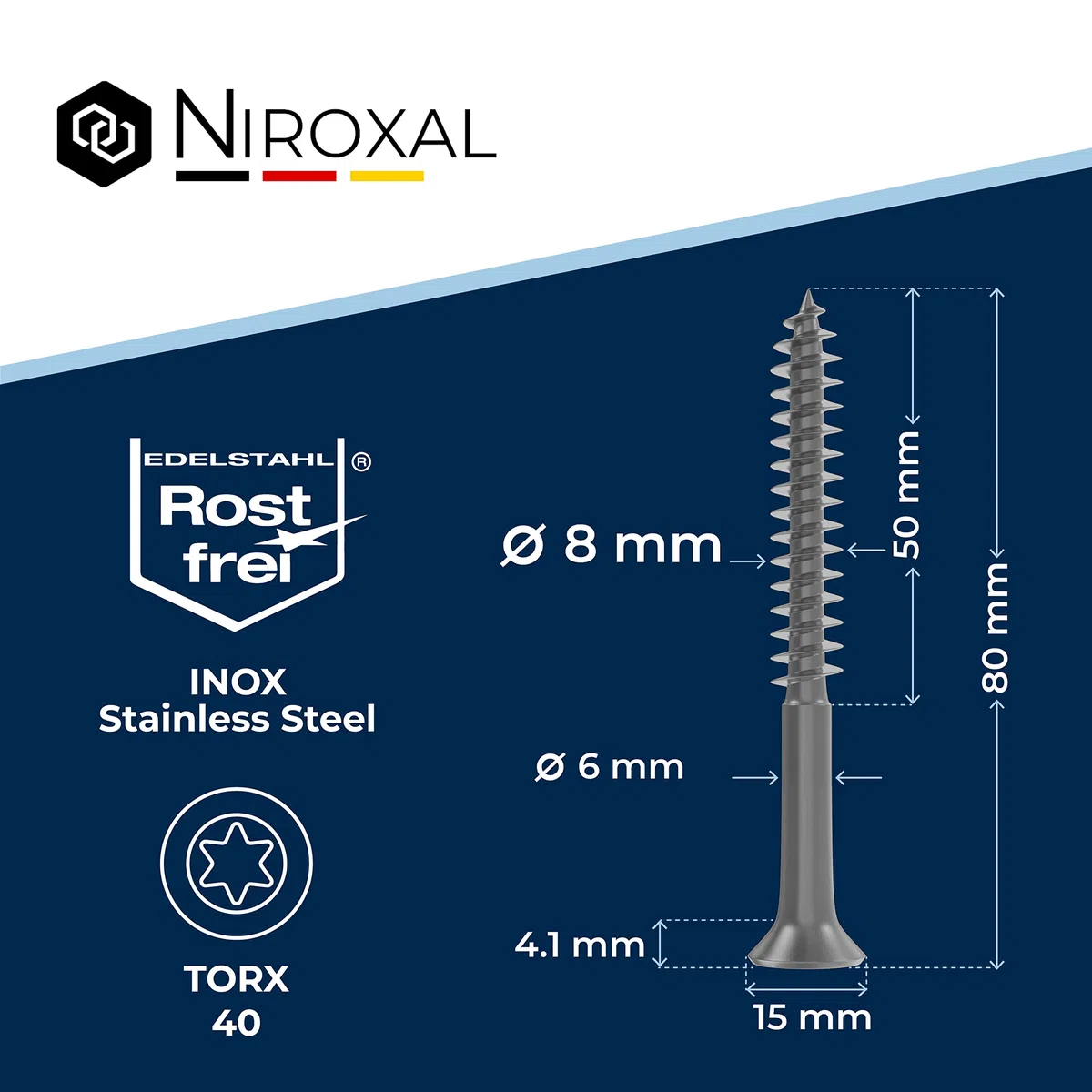 Tornillos para madera de acero inoxidable A2 con cabeza avellanada Torx TX40 – rosca parcial – 8 x 70 mm – 25 unidad – tornillos universales para madera