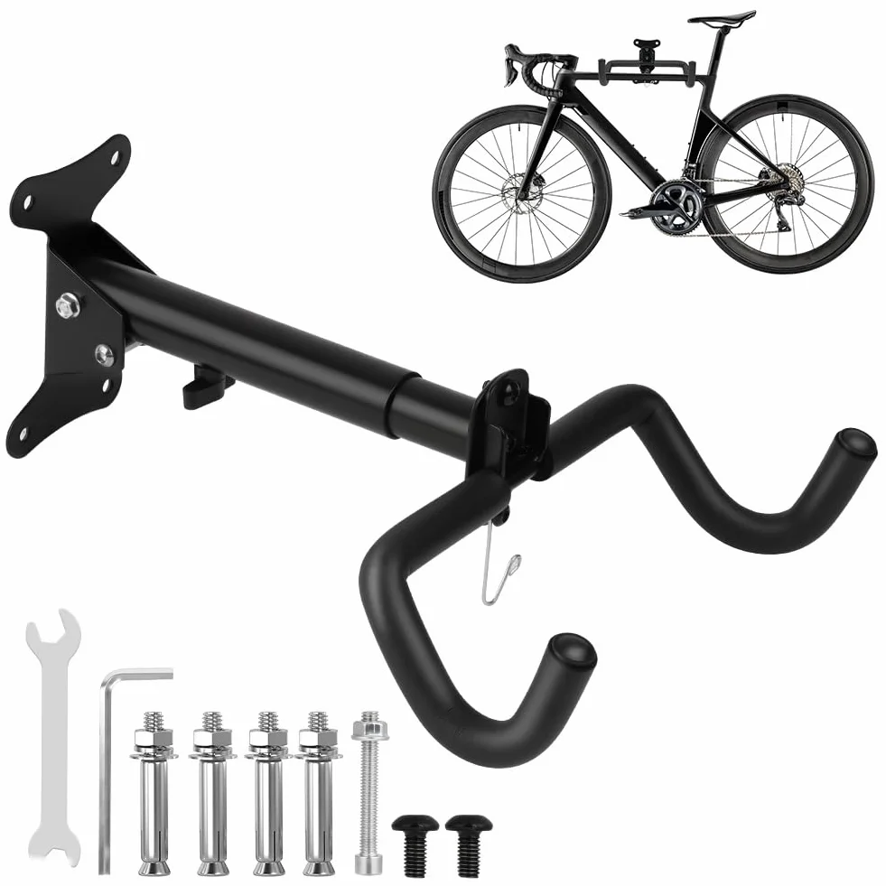 Soporte de Pared Para Bicicleta, Ajustable en Ángulo y Distancia Colgador Bicicleta Pared, Portabicicletas Plegable con Acolchado y Gancho Para Casco, Para uso en Interiores y Garajes