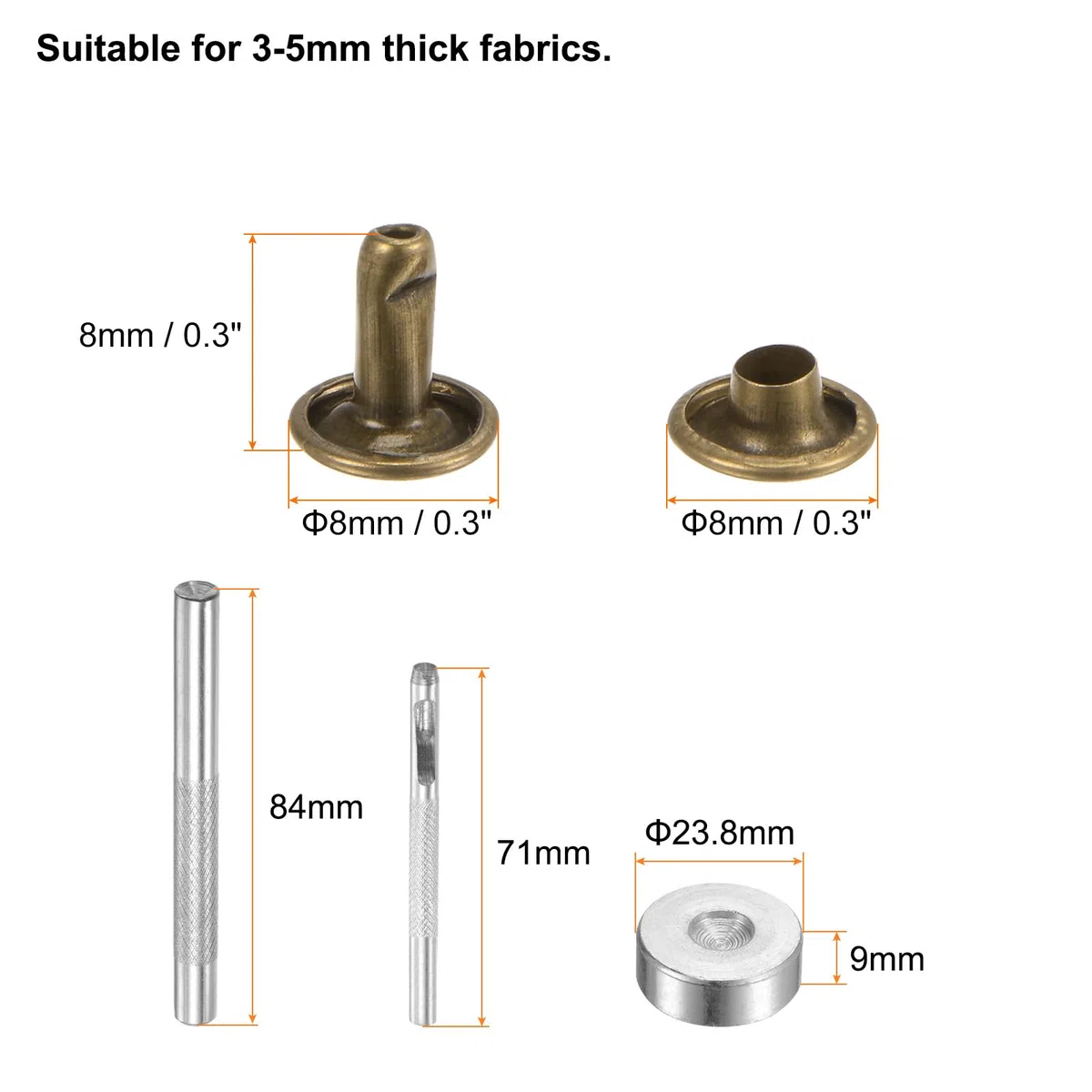 QUARKZMAN 200 Juegos Remaches de Cuero 8 x 8 mm Remaches de Metal de Doble Tapa Broches de Presión Sujetadores con 3 Herramientas de Instalación para Cuero Manualidades Bronce