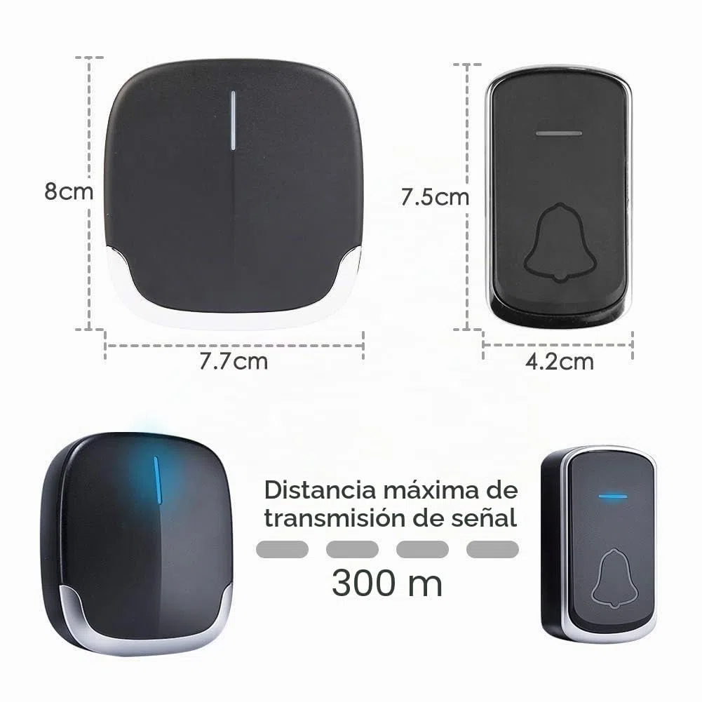 Timbre Inalámbrico para Puerta - 300m Timbre Inalámbrico Exterior Impermeable con Indicador LED, 58 Melodías, 4 Volumen Ajustable para Puerta Casa Oficina Hotel Casa y Más