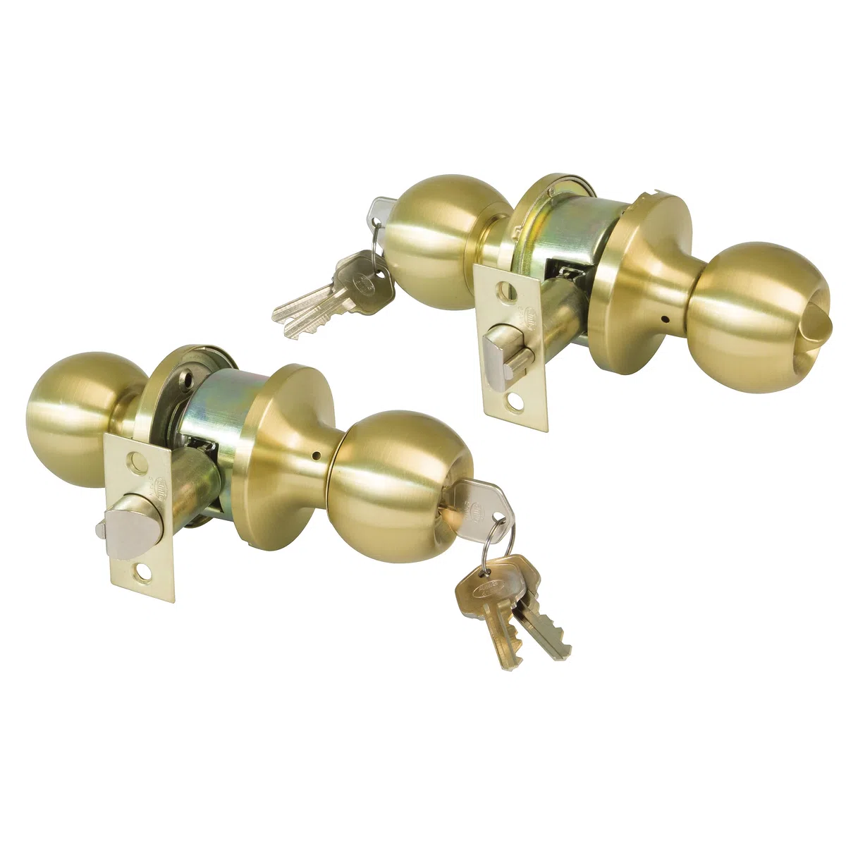 Amig - Pomo Puerta Entrada - Con Picaporte de Entrada 60/70 mm - Pomo de Bola en Ambos Lados - Con Cerradura y Condena - Sistema Antitarjeta - Para Puertas de Madera - Dorado Mate