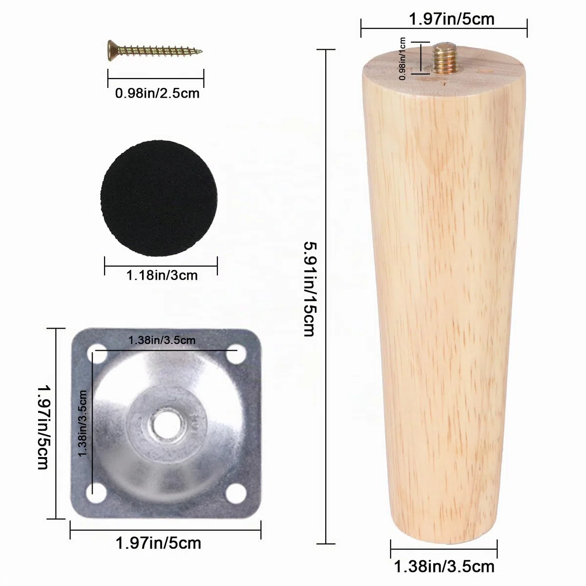 6 Piezas Patas para Muebles Madera 15cm Pies para Muebles con Placa de Montaje Tornillos y Protectores de Suelo Patas para Cama Mesa de Té Sofá Cajonera Mueble TV