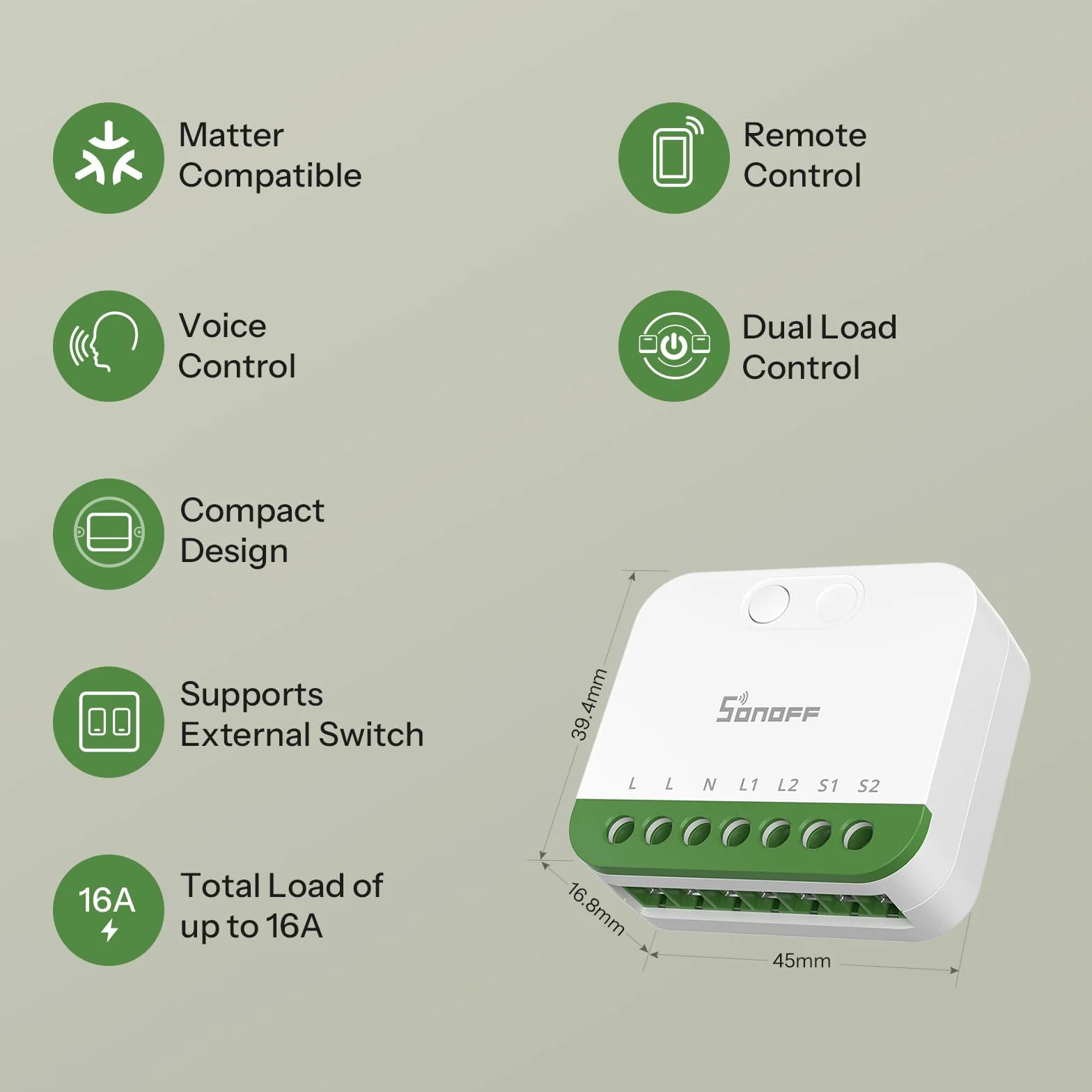 SONOFF MINI DUO (Matter a través de WiFi) Interruptor Inteligente WiFi de 2 Canales, Compatible con Matter, Carga Total de 16A, Compacto para Cajas Estándar, Control Remoto y Automatizado