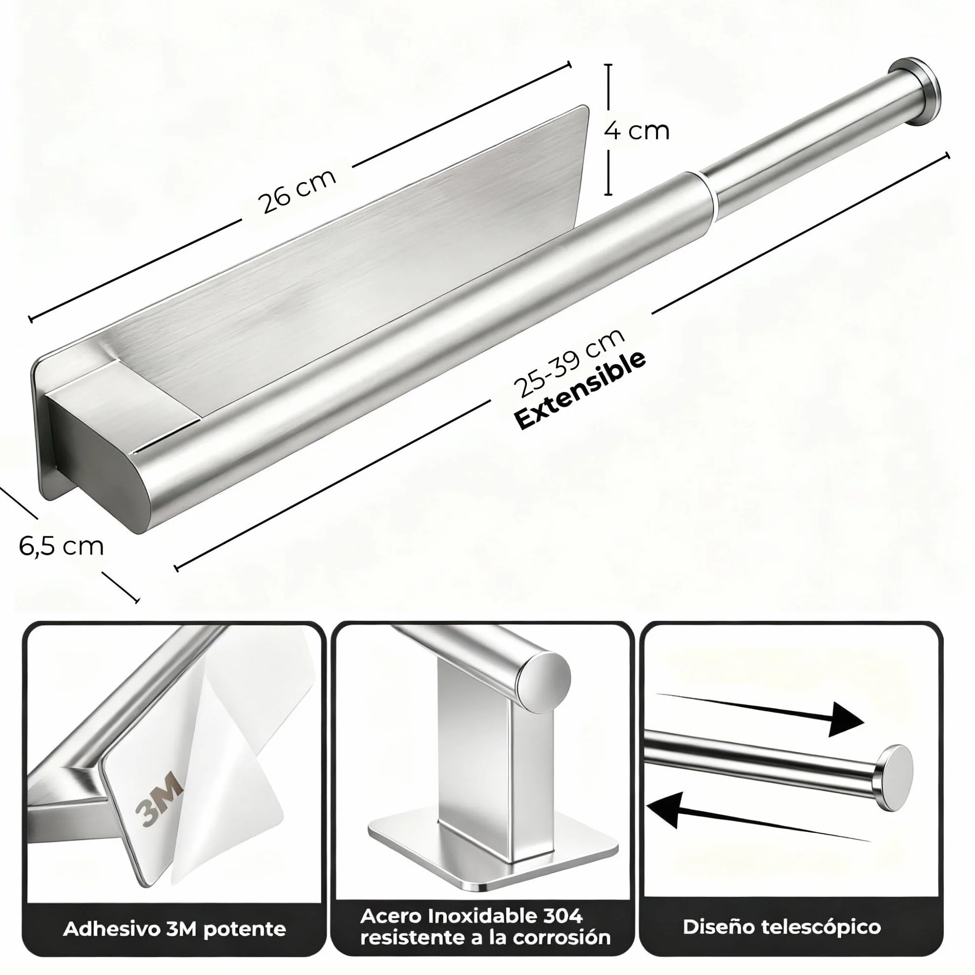 Toalleros de Baño sin Taladro Extensible 25-39 cm Acero Inoxidable 304 Adhesivo