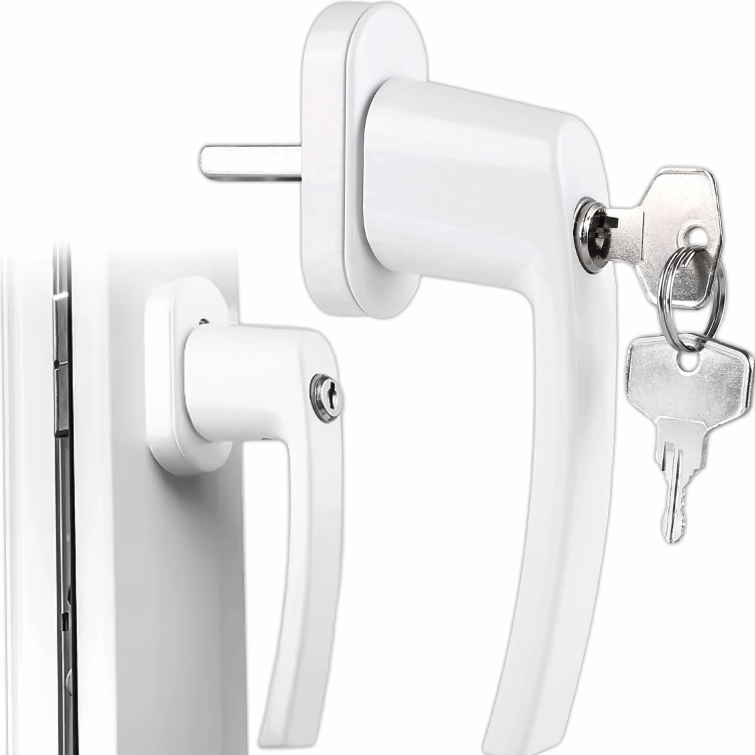 KRUMAD Tirador de ventana con cerradura, color blanco, tirador de ventana con llave y botón de presión, mango de aluminio estable para seguridad infantil y protección antirrobo, para ventanas y