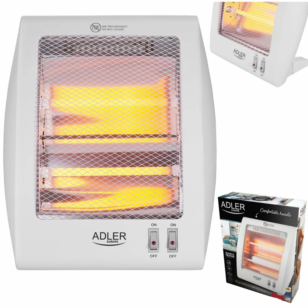 Adler AD7709 Estufa eléctrica de cuarzo portátil, radiador halógeno, 2 niveles temperatura, sistema seguridad, 400/800W