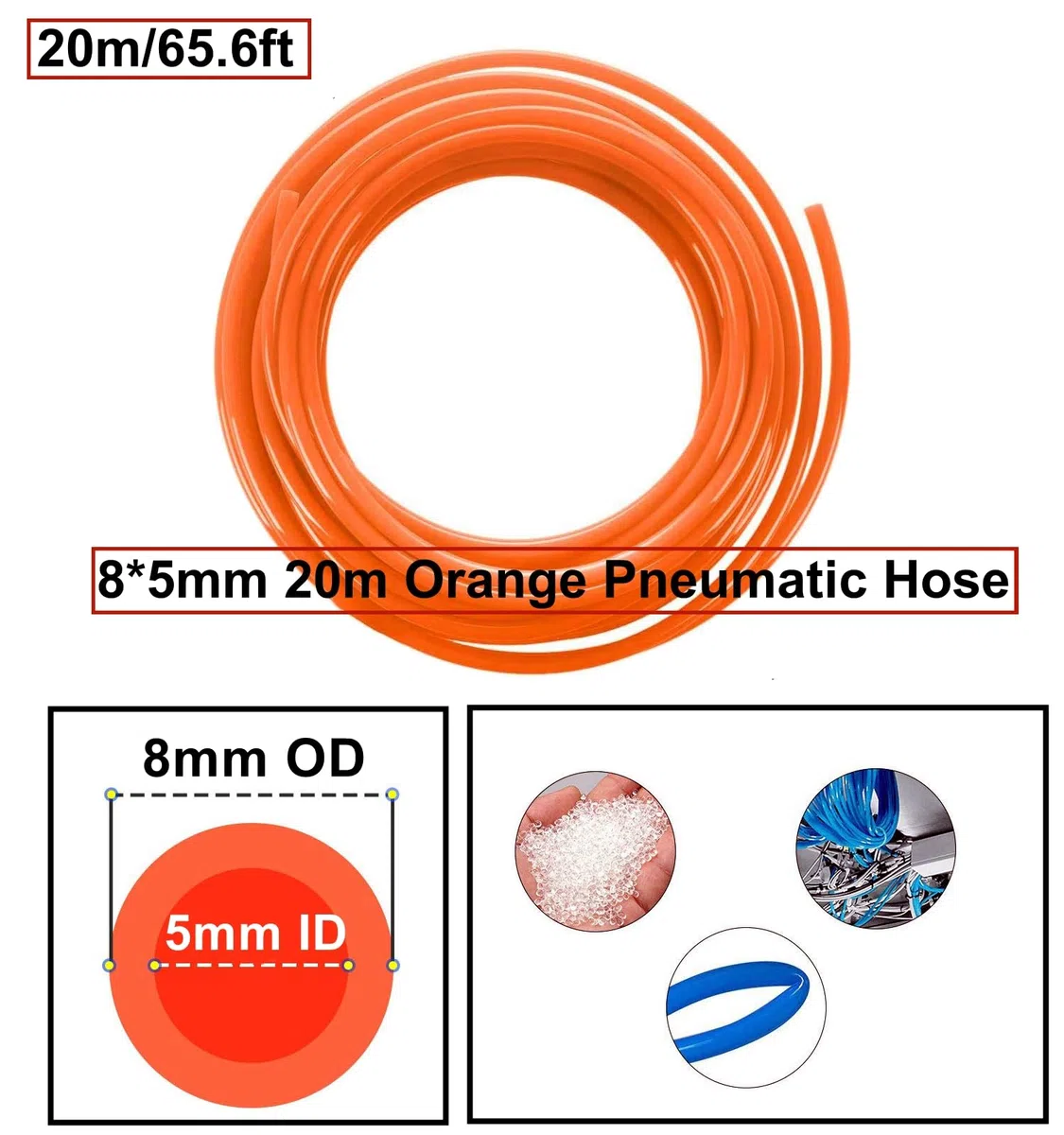 HUAZIZ Manguera neumática de poliuretano de 20 m, manguera neumática de poliuretano de color naranja, flexible, con 21 conectores neumáticos, acoplamientos rápidos Air Push, exterior 8 mm x interior 5