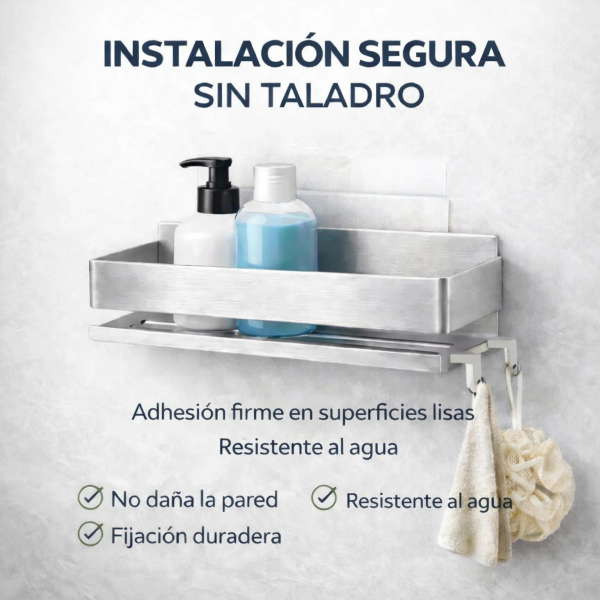 MandA - ESTANTERIA Baño SIN Tornillos + 2 Ganchos de Acero Inoxidable - Organizador Ducha SIN Taladro - Adhesivo – Baldas Pared sin Agujeros – Accesorios Modernos para Organizar y Decorar Estanterías