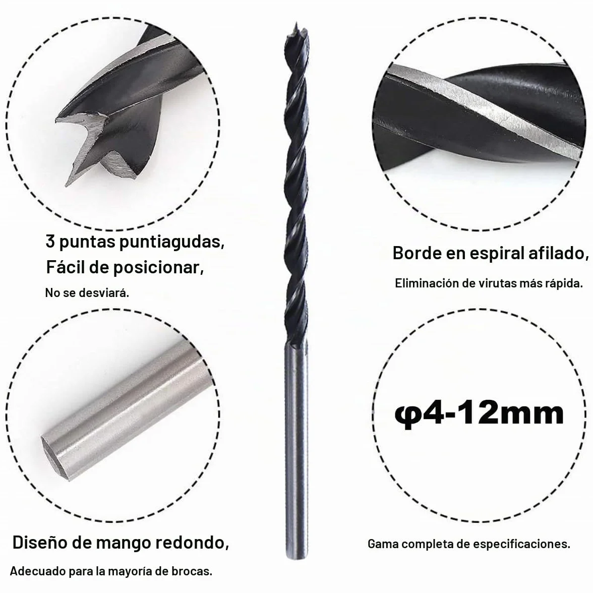 Brocas para Madera 300 mm de Largo, Juego de 7 Piezas, Diámetros 4-12 mm, Acero de Alto Rendimiento, Dureza Espiral, Vástago Recto, Adecuado para Madera Dura y Blanda