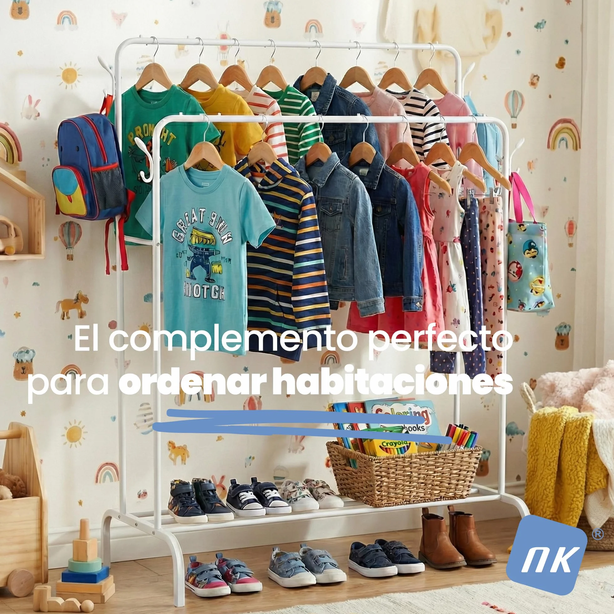 NK Burro Ropa Resistente – Estructura Hierro Blanco, 150x110x54cm, Soporte hasta 50kg, 4 Colgadores Laterales, Base inferior, Fácil Montaje, Perchero Burro Ropa
