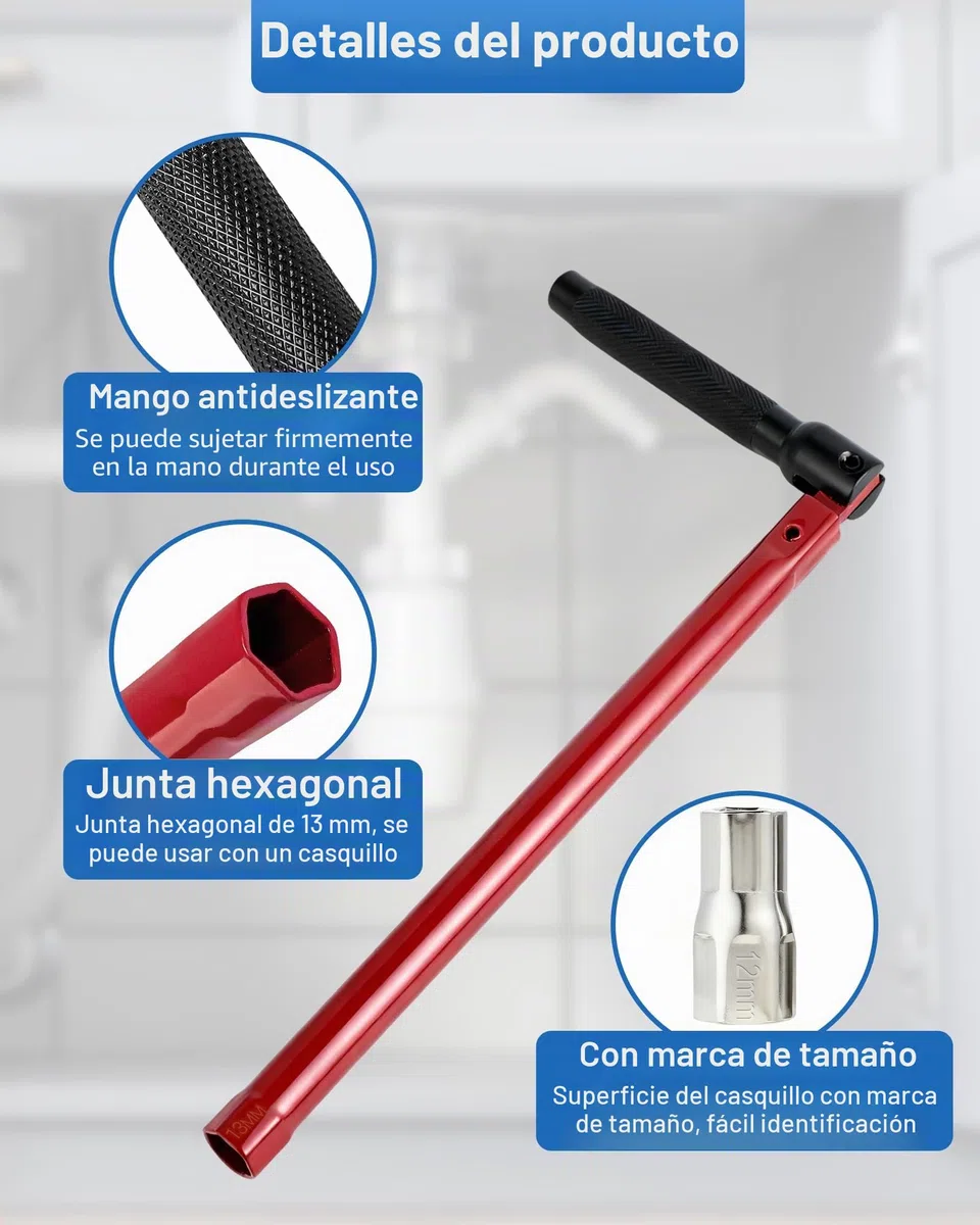 Herramienta lavabo, llaves de tubo y llave grifa para grifo de pie y asiento WC, ajustable 8–12 mm, robusta para grifería e instalaciones sanitarias.