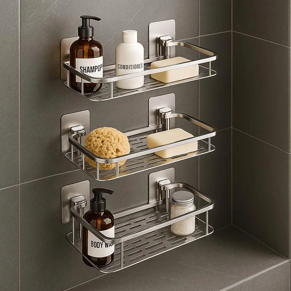Genérico Estante de Baño de Acero Inoxidable, 3 Piezas, Adhesivo sin Taladro, Plateado, 31.5 x 12 cm, Montaje en Pared