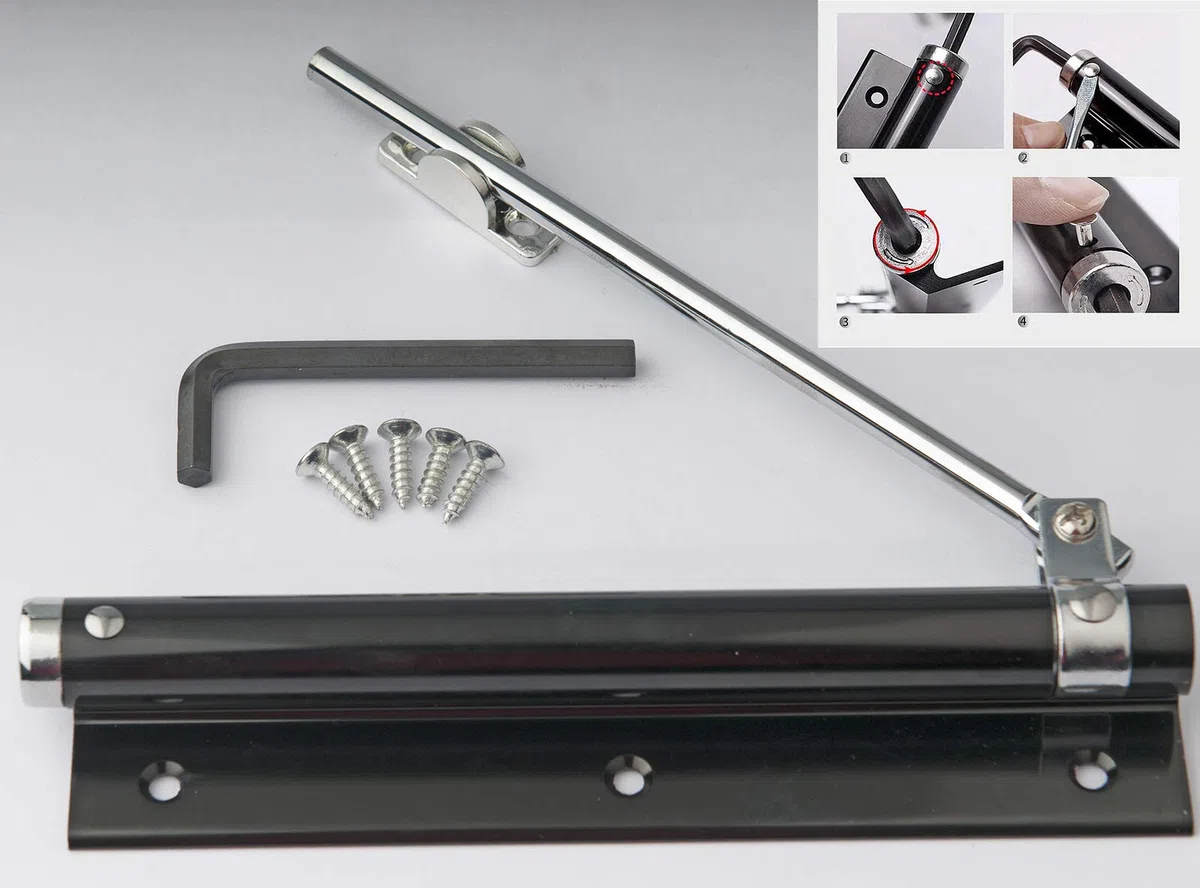 Cierrapuertas livianos de aleación de aluminio, livianos como una pluma, con resorte, ajustables, montados automáticamente para uso residencial y comercial (180 mm negro con 5 tornillos)
