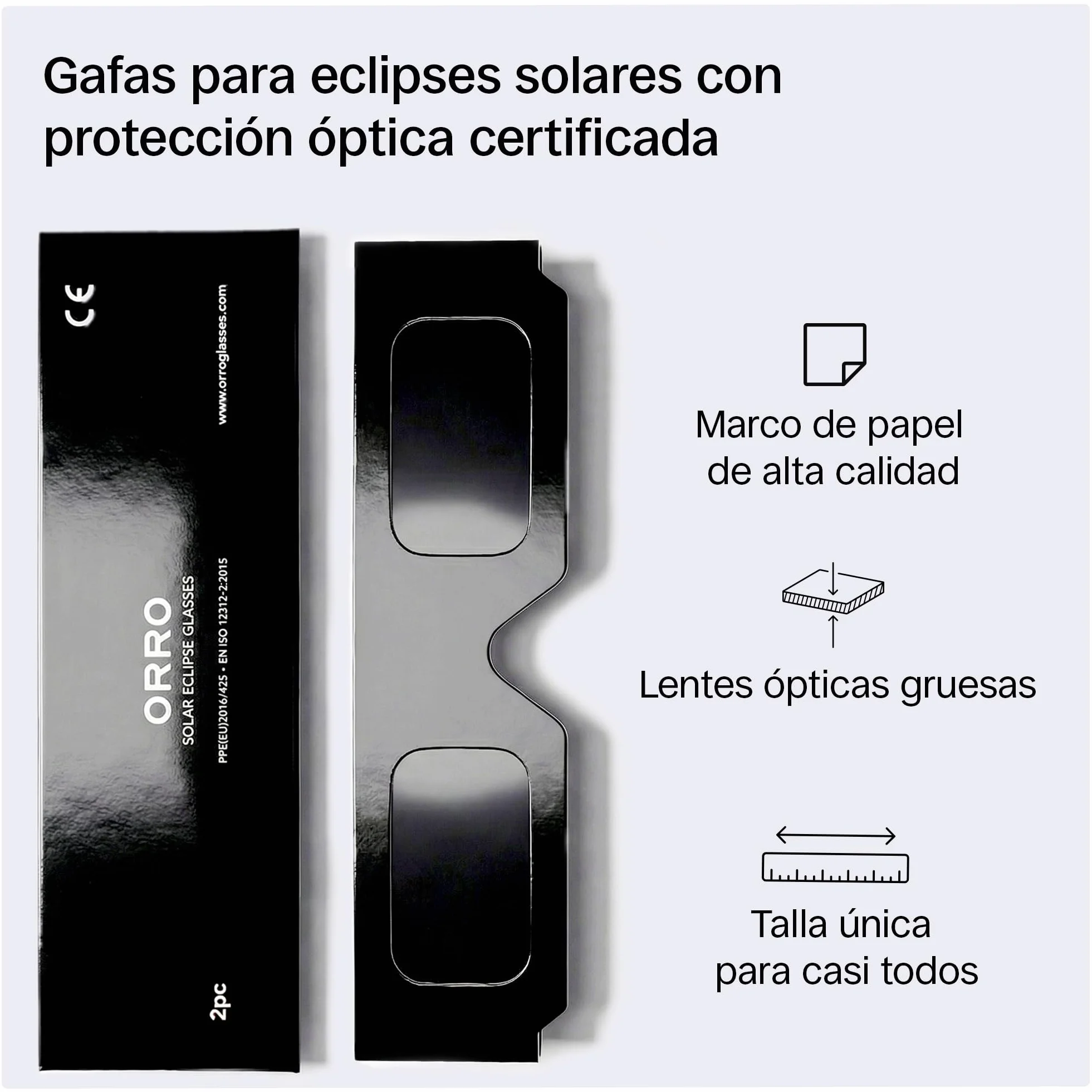 ORRO 37MM Classic Gafas para Eclipse Solar Pack de 6, Blanco, Protección Ocular Certificada, Probadas EN ISO 12312-2:2015, Marcado CE para Observación Directa Segura del Sol