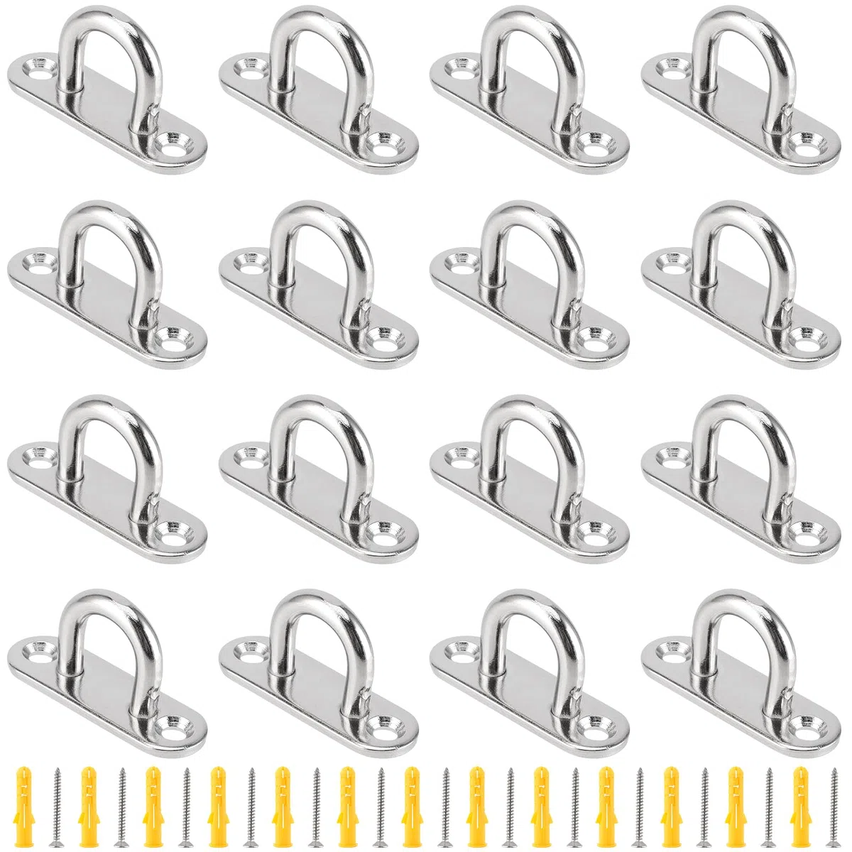 16 Placas de Ojo de Acero Inoxidable 304, Argollas de Acero para Anclaje en Pared y Techo, con 32 Tornillos de 38 mm y Tacos, para Fijacion de Toldos