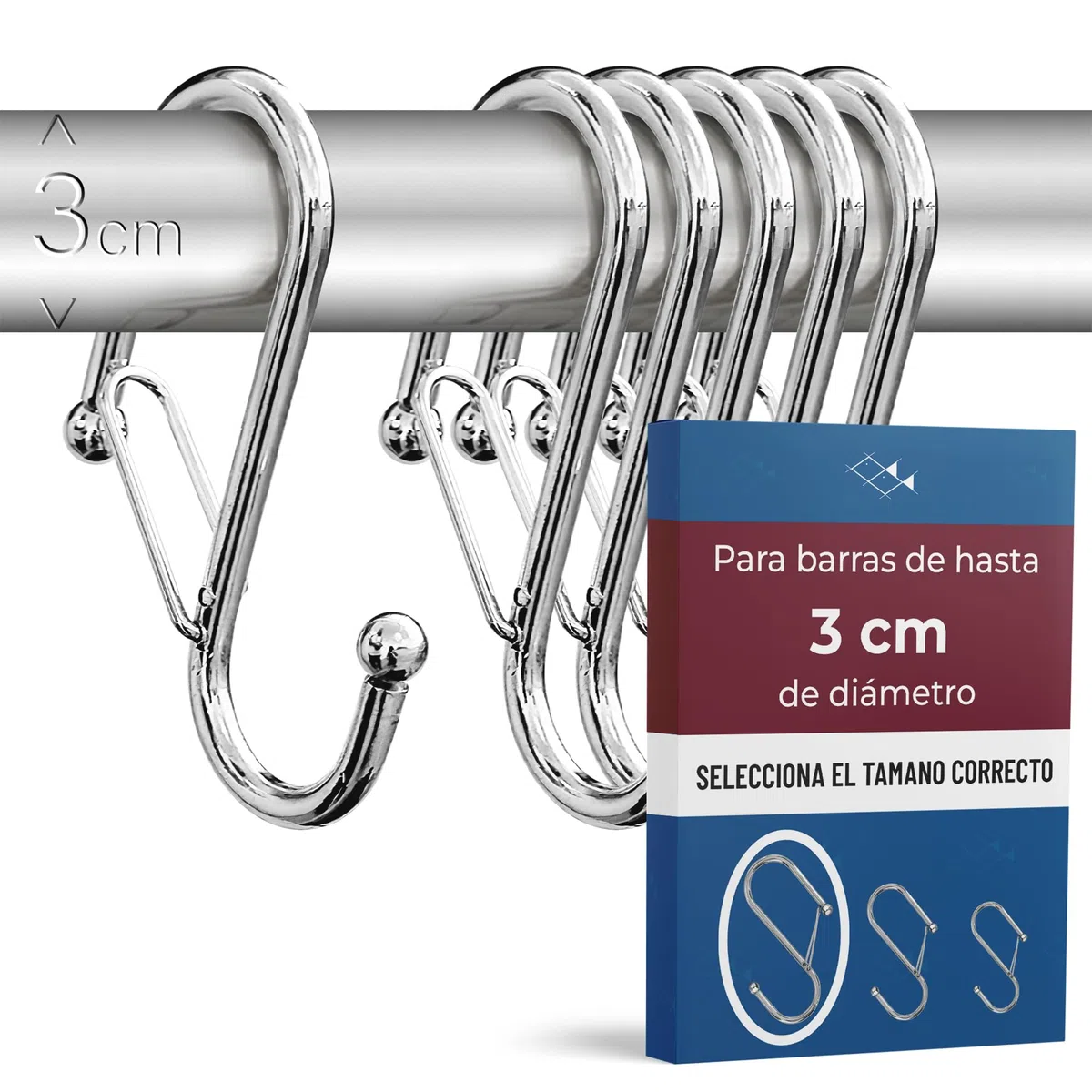 Pack de 6 Ganchos en S para Colgar – Gancho en S con Cierre de Seguridad Anticaída – Ganchos en Forma de Ese para Armario y Almacenaje – Para Barras de Hasta 3 cm Diámetro – Cromado