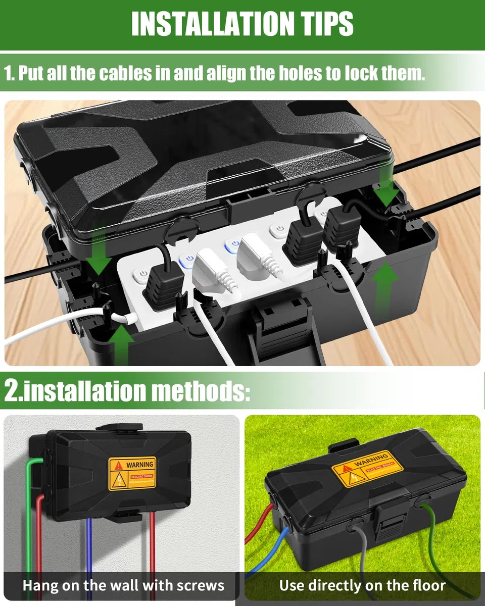 Caja de Cable Resistente al Agua,Caja Estanca Exterior Electrica,26.1x15x9.4 CM Caja Cables,con 6 Salidas de Cables,Para Protección de Enchufes,Cubierta de Cable Alargador Resistente,Temporizador