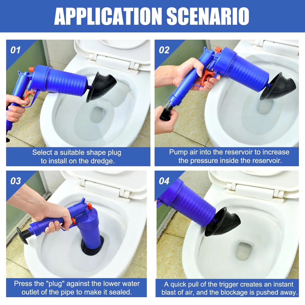 GBKDQQ Limpiador de Tubos a Presión: Apto Para Inodoros, Duchas, Lavabos, Cocina, Mecánico Sin Productos Químicos, Ecológico y Eficaz, Operación Manual y Fácil de Usar (Azul)