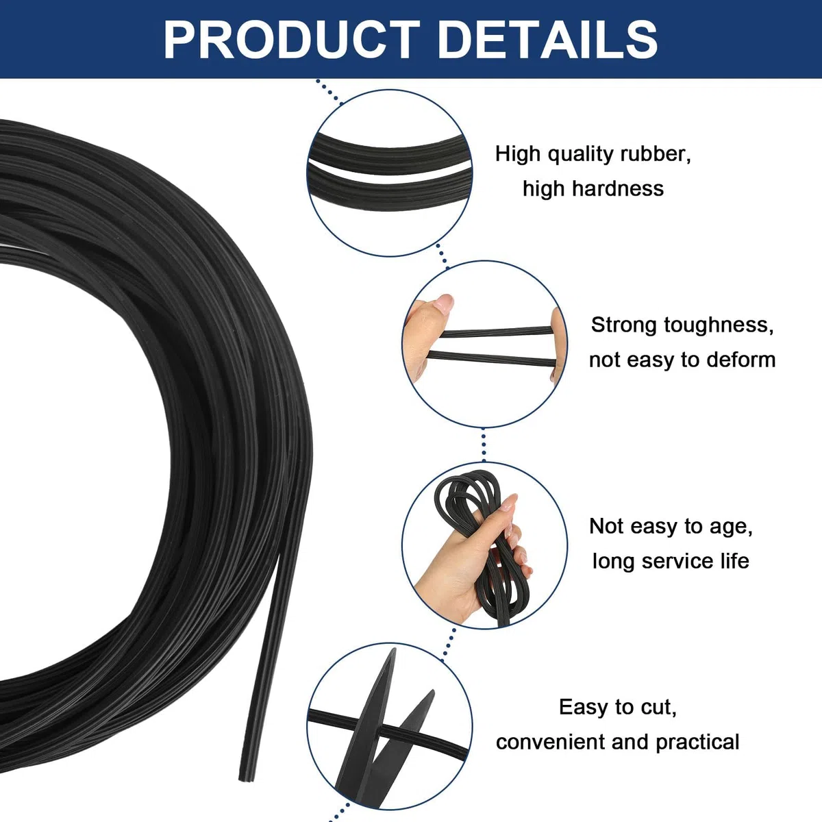 15m Cordón de Goma Negro Ø 5mm, Cordón de Goma Para Mosquiteras con Rodillo de Refuerzo, Mosquitera de Ventanas para Rodillo Herramienta