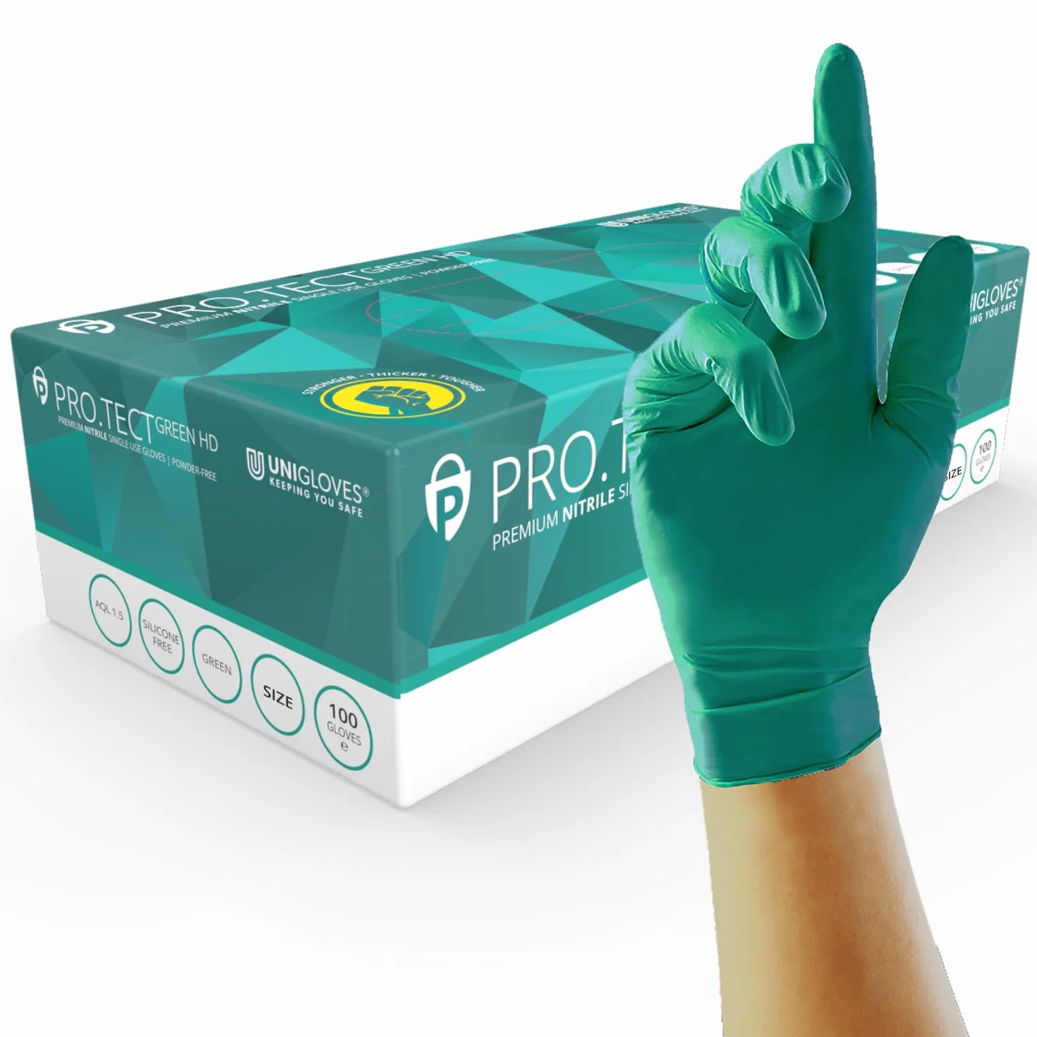 UNIGLOVES PRO.TECT - Guantes desechables de nitrilo HD de color verde, ultra resistentes, de un solo uso, multiusos, sin polvo, caja de 100 guantes, talla S (GA0082)