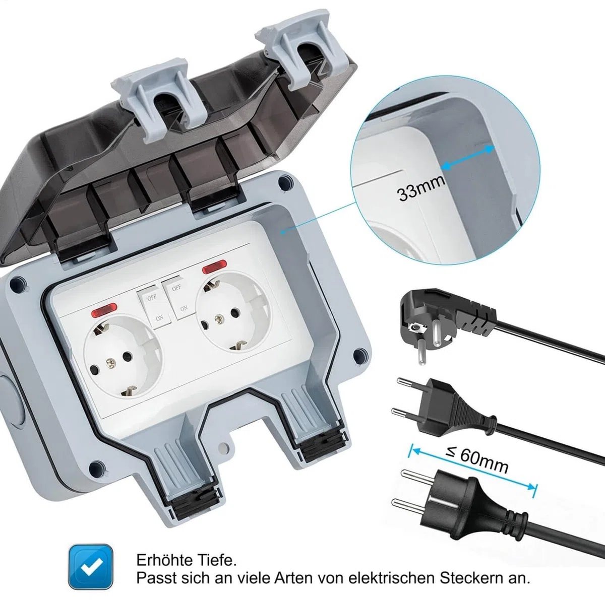 Enchufe Pared Superficie Exterior Estanco, Enchufe Superficie Doble Exterior Impermeable, Toma de Corriente IP66 con Interruptor y Luz, 16A, Gris