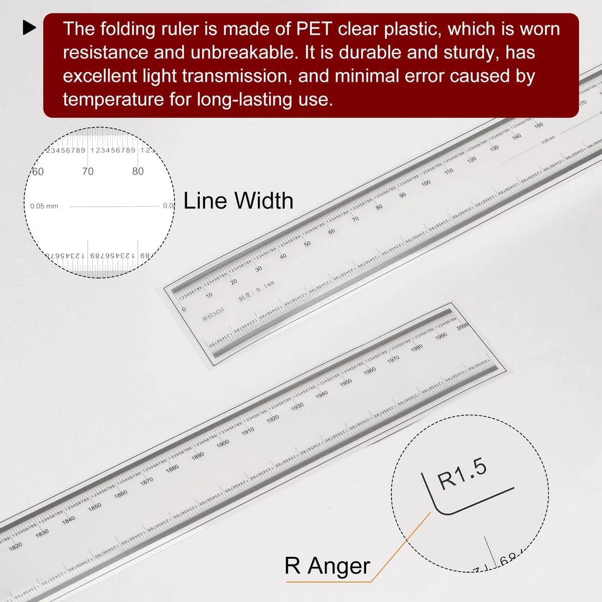 sourcing map Película Flexible Regla 200cm 0,1mm Escala con R Ángulo y Ancho Líneas PET Plástico Plegable Recta Regla Calibración Suave Regla Medición Herramienta para Fábrica, Transparente