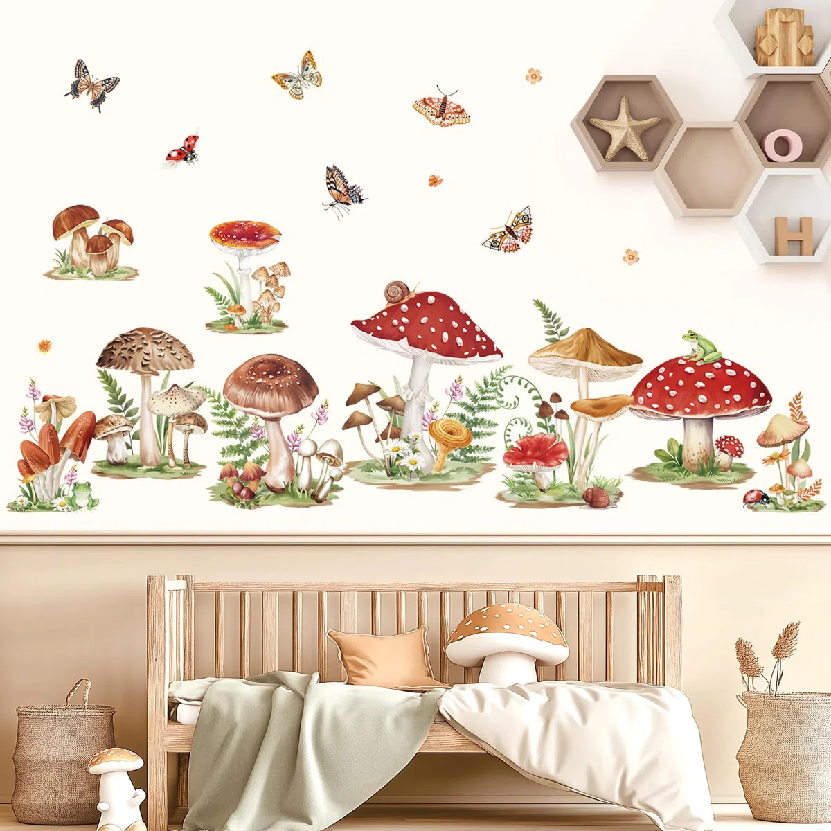 decalmile Pegatinas de Pared Bosque Hongos Vinilos Decorativos Infantiles Mariposas Hierba Adhesivos Pared Habitación Bebés Dormitorio Guardería