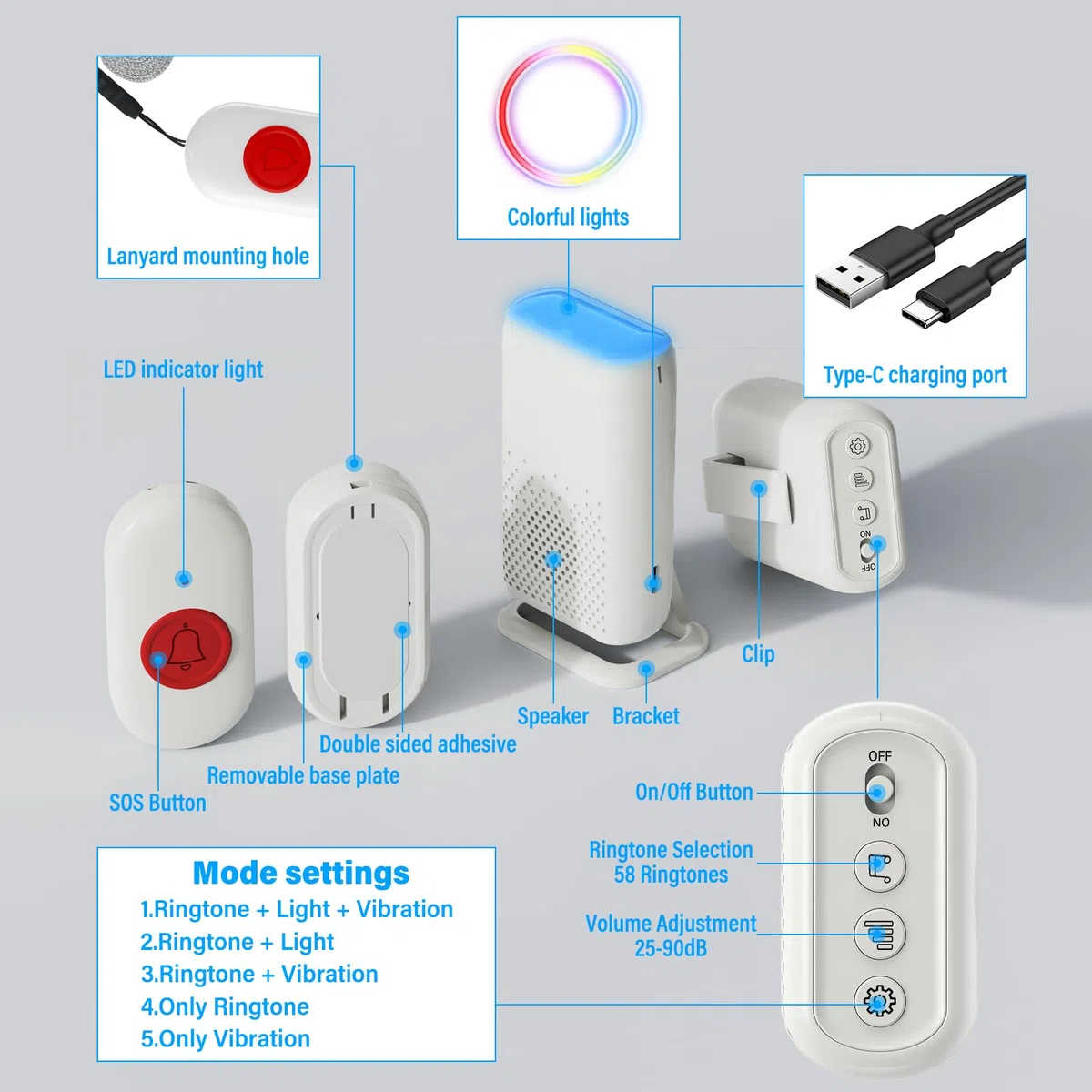 Botón de emergencia para personas mayores, inalámbrico, pulsera de llamada de emergencia, carga USB, pulsera de emergencia para personas mayores con 58 tonos de llamada, botón de emergencia para