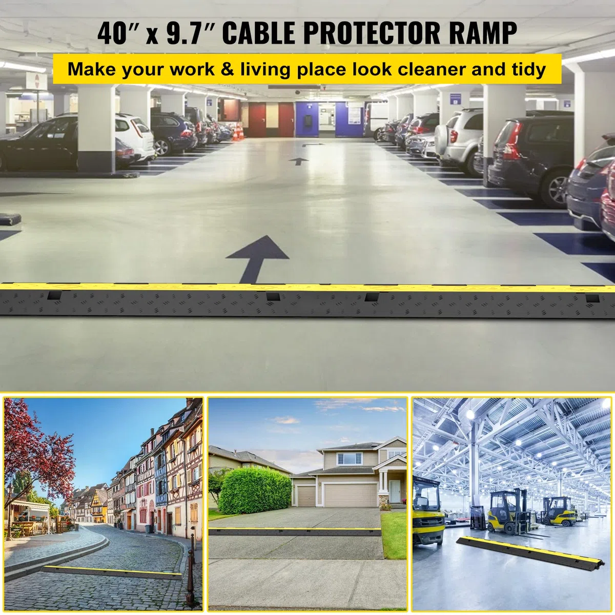 VEVOR Pasacables para Suelo de Caucho y PVC Rampa de Protección de Cables de 2 Canales 2 Piezas Protector de Cable para Suelo Carga de 4,989 kg Rampa de Cable 101 x 24,5 x 5 cm Reductor de Velocidad