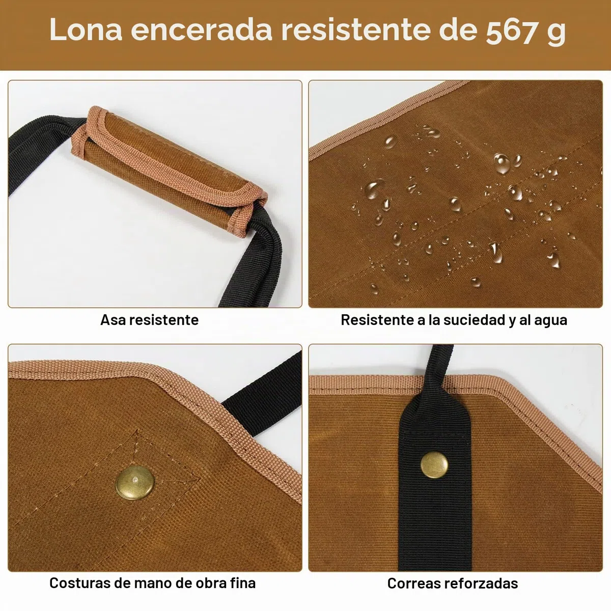 Bolsa grande de lona encerada para leña, 39 x 18 pulg., con asas y soporte de madera resistente para chimenea