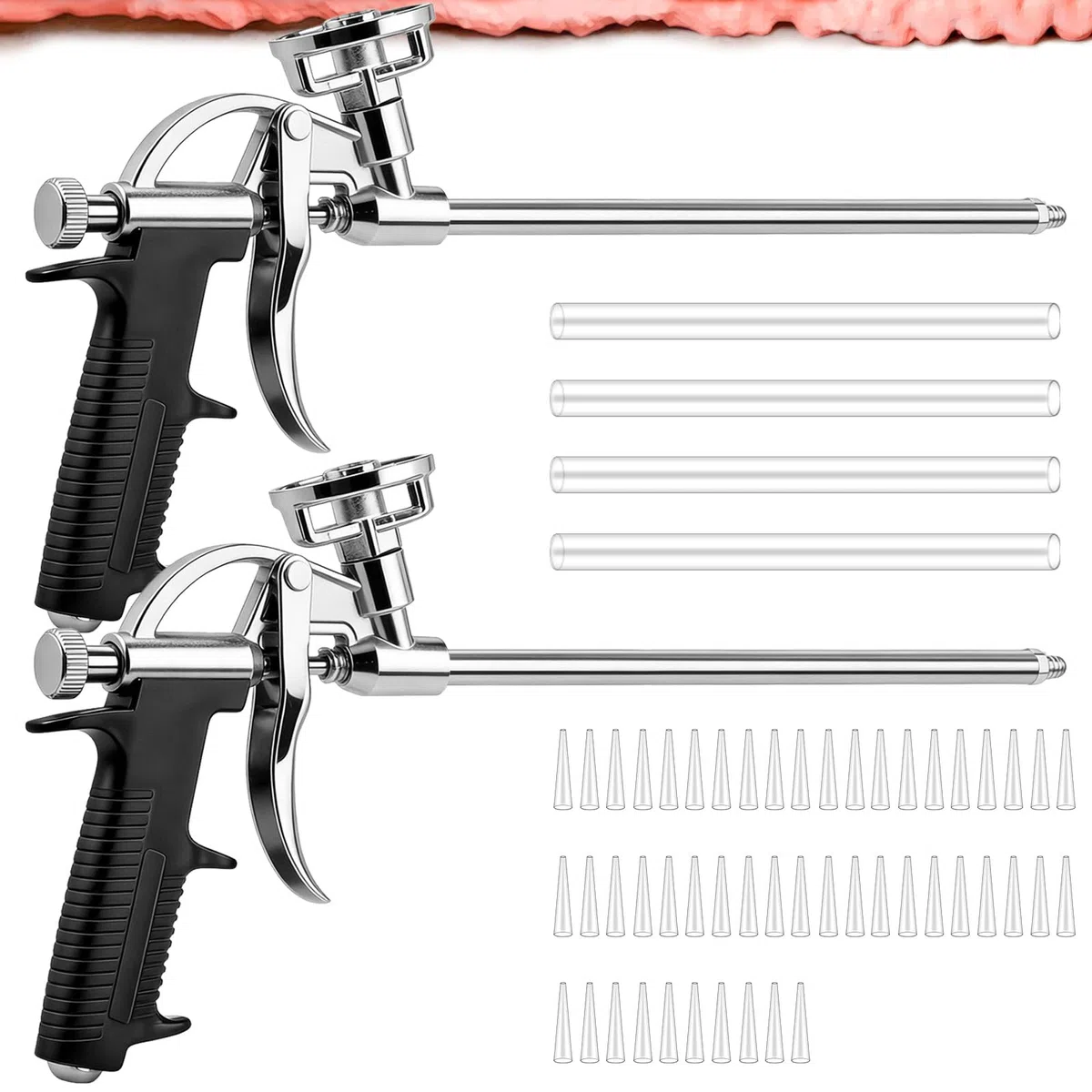 2 pistolas de espuma, pistola de espuma de construcción, con 4 boquillas largas y 50 boquillas cortas, pistola de espuma para espuma de poliuretano, pistola de espuma profesional de metal para