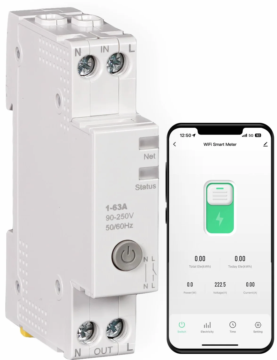 MOES Interruptor WIFI Disyuntor Inteligente Inalámbrico para Riel DIN 1P 16A con Función de Medición, compatible con Alexa/Google Home/Smart Life/Tuya App, Protección contra Sobrecorrientes
