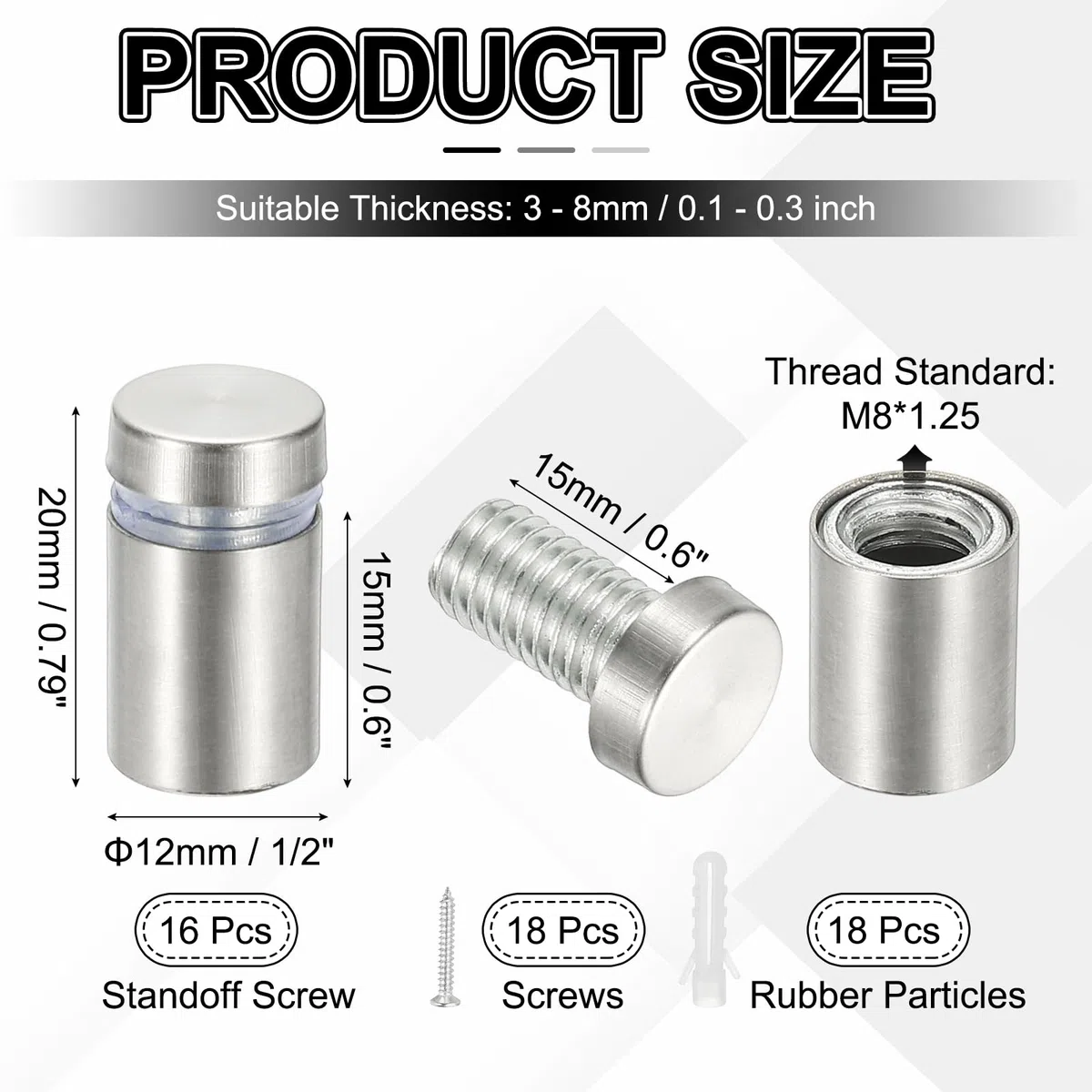 PATIKIL Tornillos De Separación 1/2x0.79", Paquete De 16 Montajes De Pared De Acero Inoxidable, Hardware Para Montar Letreros, Clavos De Separación Para Colgar Letreros, Plateado