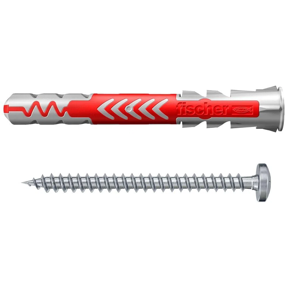 fischer DUOPOWER 6 x 50 S PH, 50 tacos y 50 tornillos para pared universales con tornillo de cabeza plana, de 2 componentes, taco de plástico para fijación en hormigón, ladrillo, piedra, cartón yeso