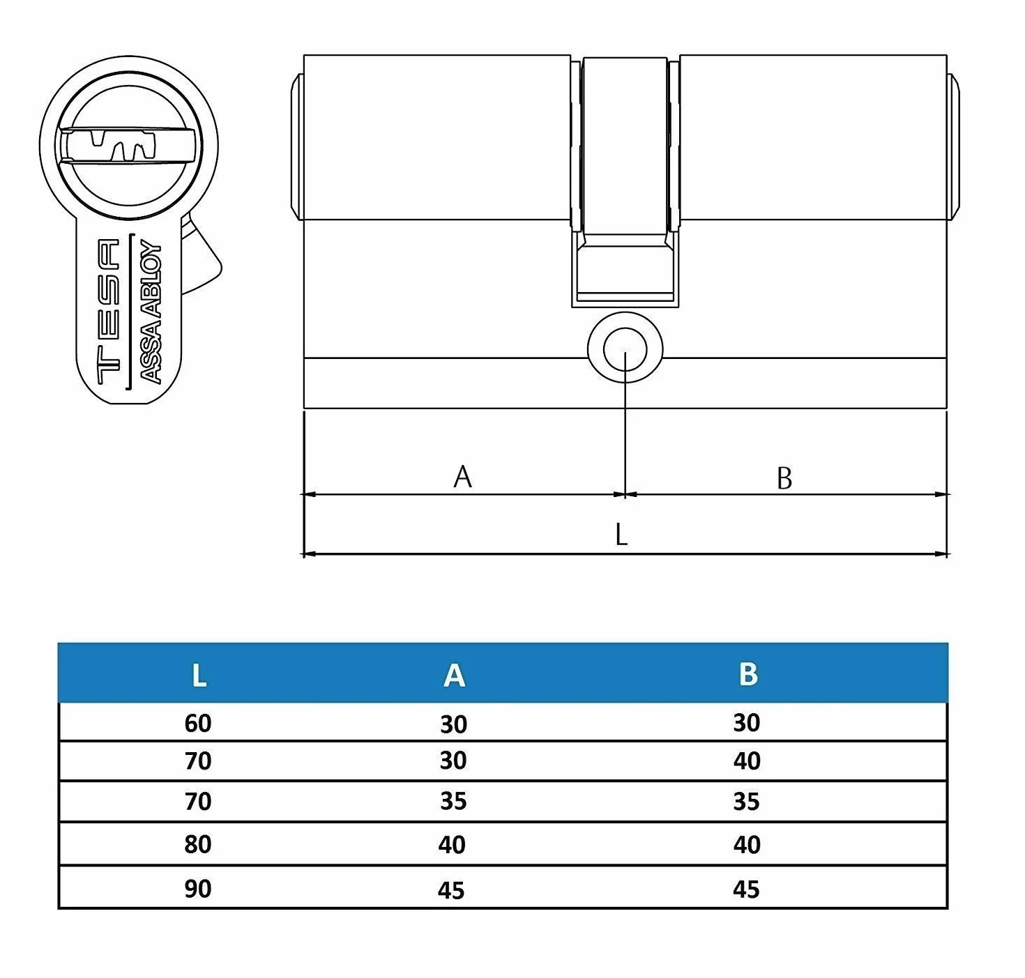 TESA T6553035L: Cilindro europeo T60, 30 x 35 mm, acabado latonado, compatible con cerraduras de perfil europeo, uso residencial y comercial, instalación sencilla, sustitución y obra nueva