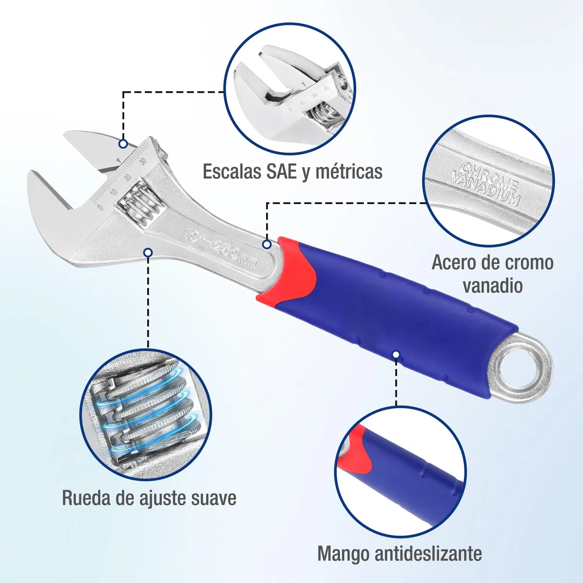 WORKPRO 3Pcs Llave Ajustable(150, 200, 250 mm), Llave Inglesa Acero Cr-V, con Mango Cómodo, Llave inglesa Profesional con Gran Apertura