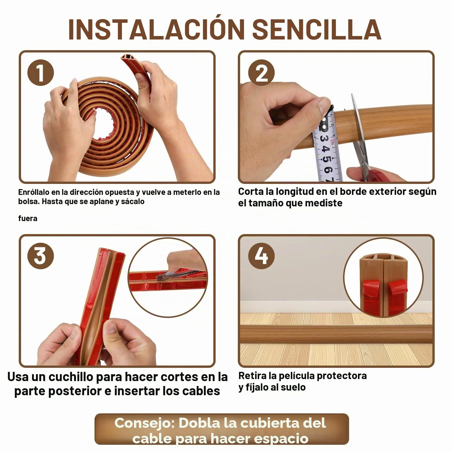 Canaleta Cables Suelo Madera 3cmx3m PVC Pasacables Suelo Protector Autoadhesivo