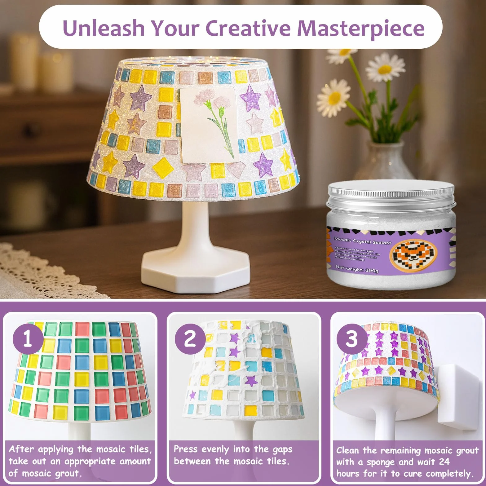 1DFAUL 200 g lechada de cristal para mosaicos, ideal para manualidades, herramientas para mosaicos, alto contraste de color, calafateo directo, ideal para mosaicos y proyectos de manualidades (blanco)