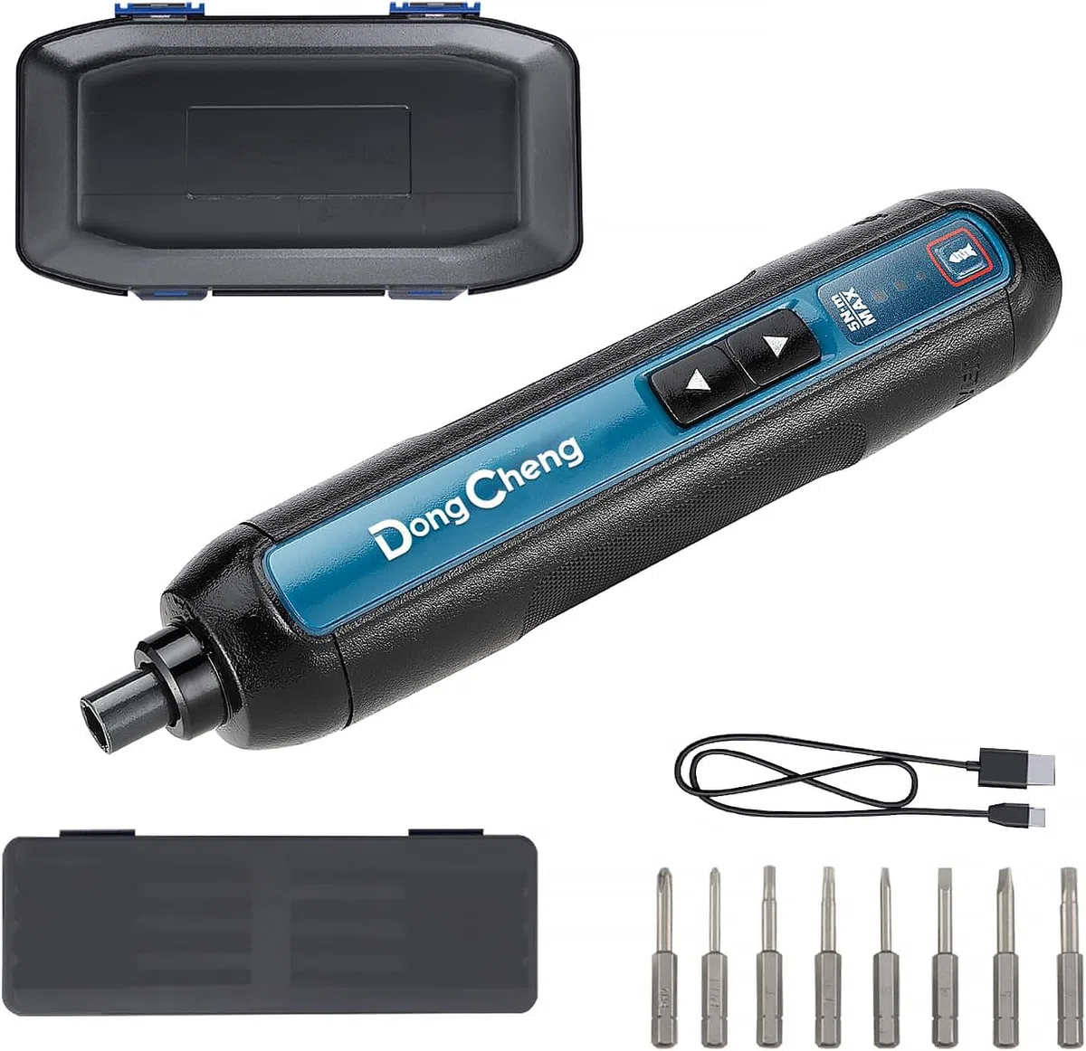 DongCheng Mini destornillador inalámbrico, 4 V, batería de iones de litio de 2000 mAh, 3 par de giro, máx. 5 Nm, luz LED, 8 piezas, puntas de acero S2, ideal para bricolaje y reparaciones