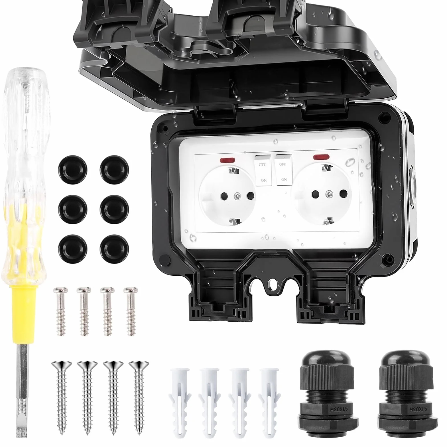 Enchufe Exterior Estanco IP66 con Interruptor y Luz Indicadora, Enchufe Estanco Exterior para Jardín, Zona Exterior, Garaje