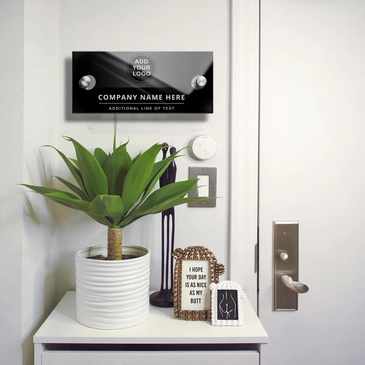 Letrero Acrílico Personalizable para Puerta y Pared | Placa Metacrilato con Logotipo y Texto | Cartel Horario para Oficina, Clínica y Despacho | Señalización Resistente al Exterior (Estilo 2)