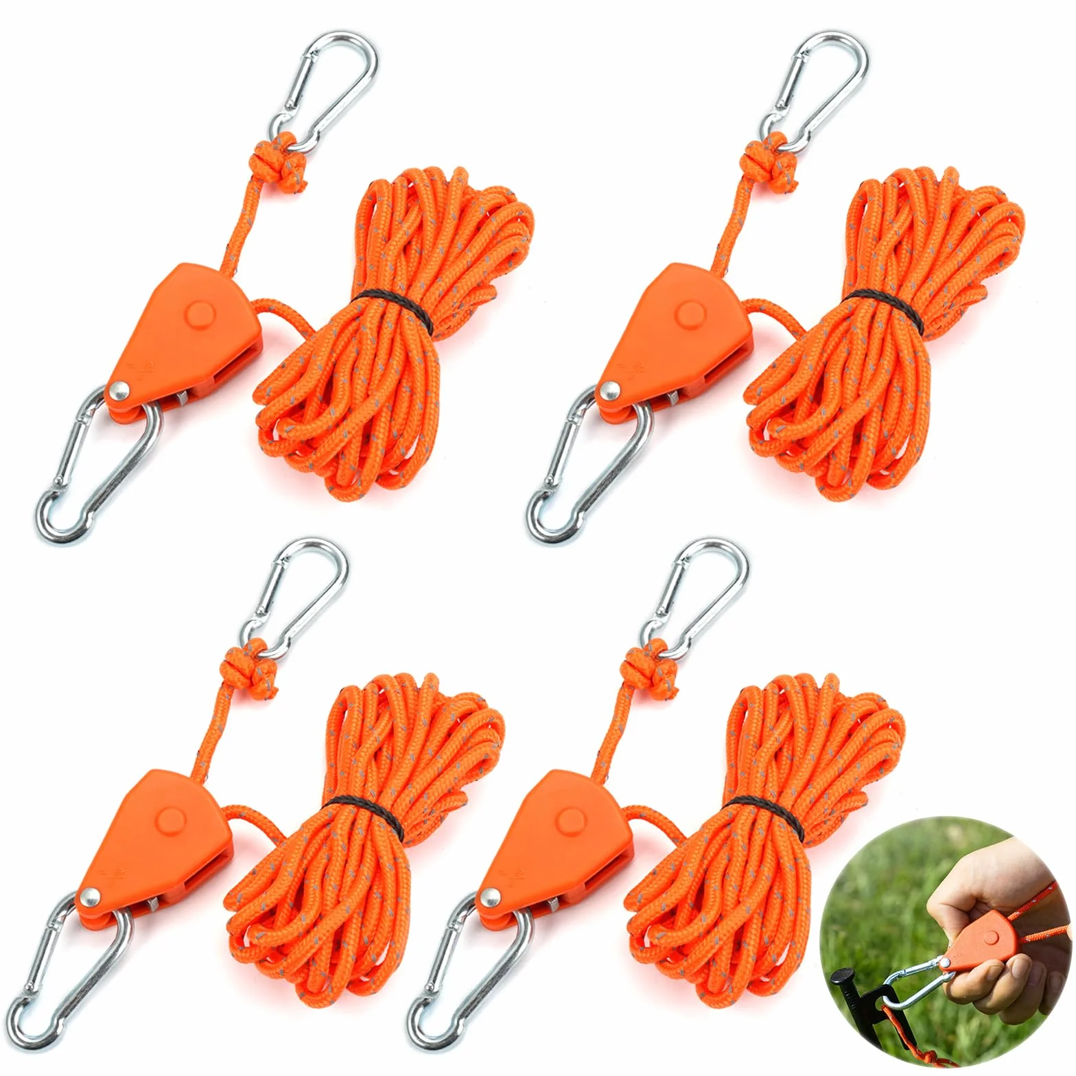 4 Piezas Trinquete para Cuerda Ajustable de 4 m con Gancho, Rope Ratchet 4 mm, Suspensión para Lámpara de Planta, Tienda, Senderismo