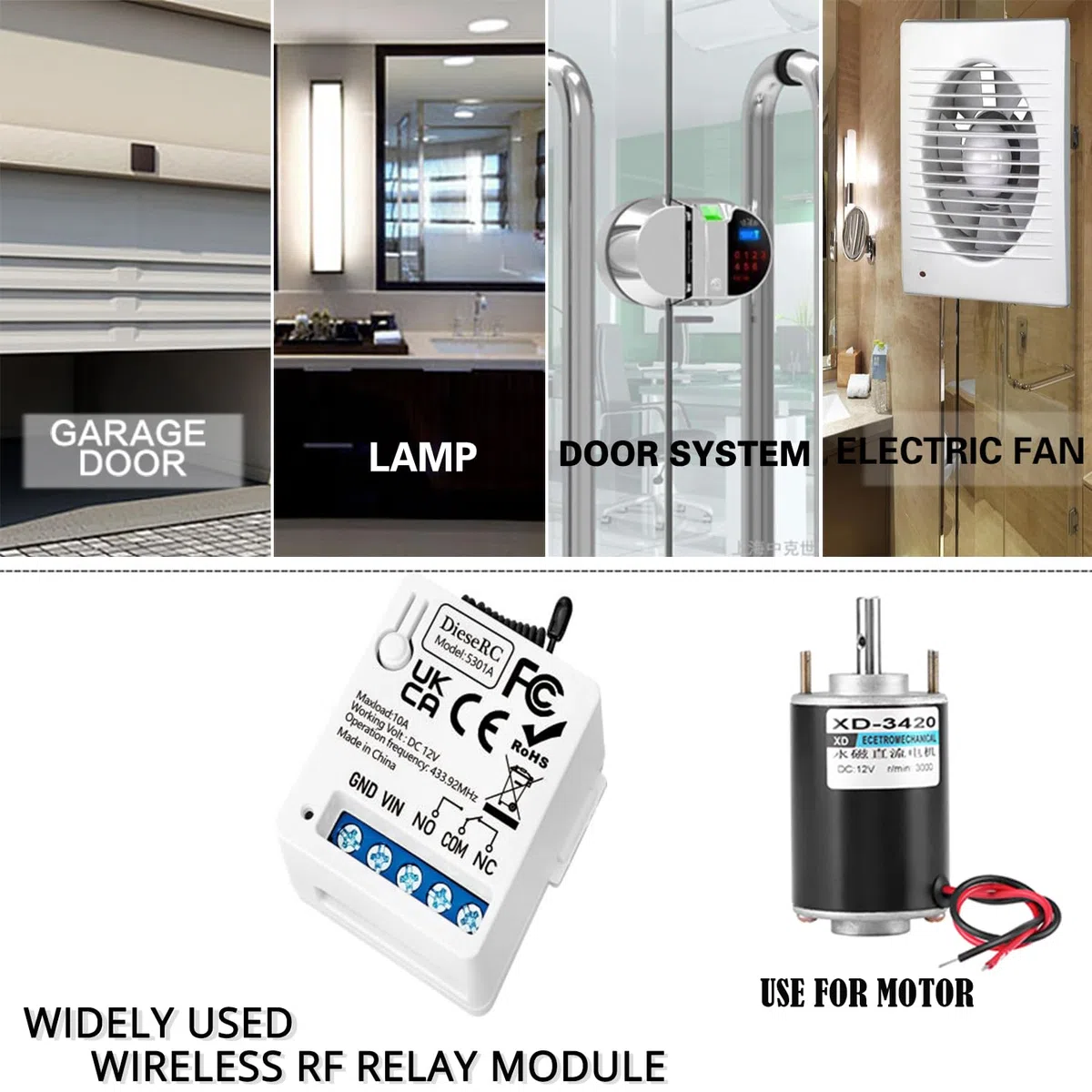 DieseRC 433Mhz Universal DC 12V 1CH Interruptor de control remoto inalámbrico Módulo receptor de relé RF con 2 transmisores, Relé de Contactos sin Potencial