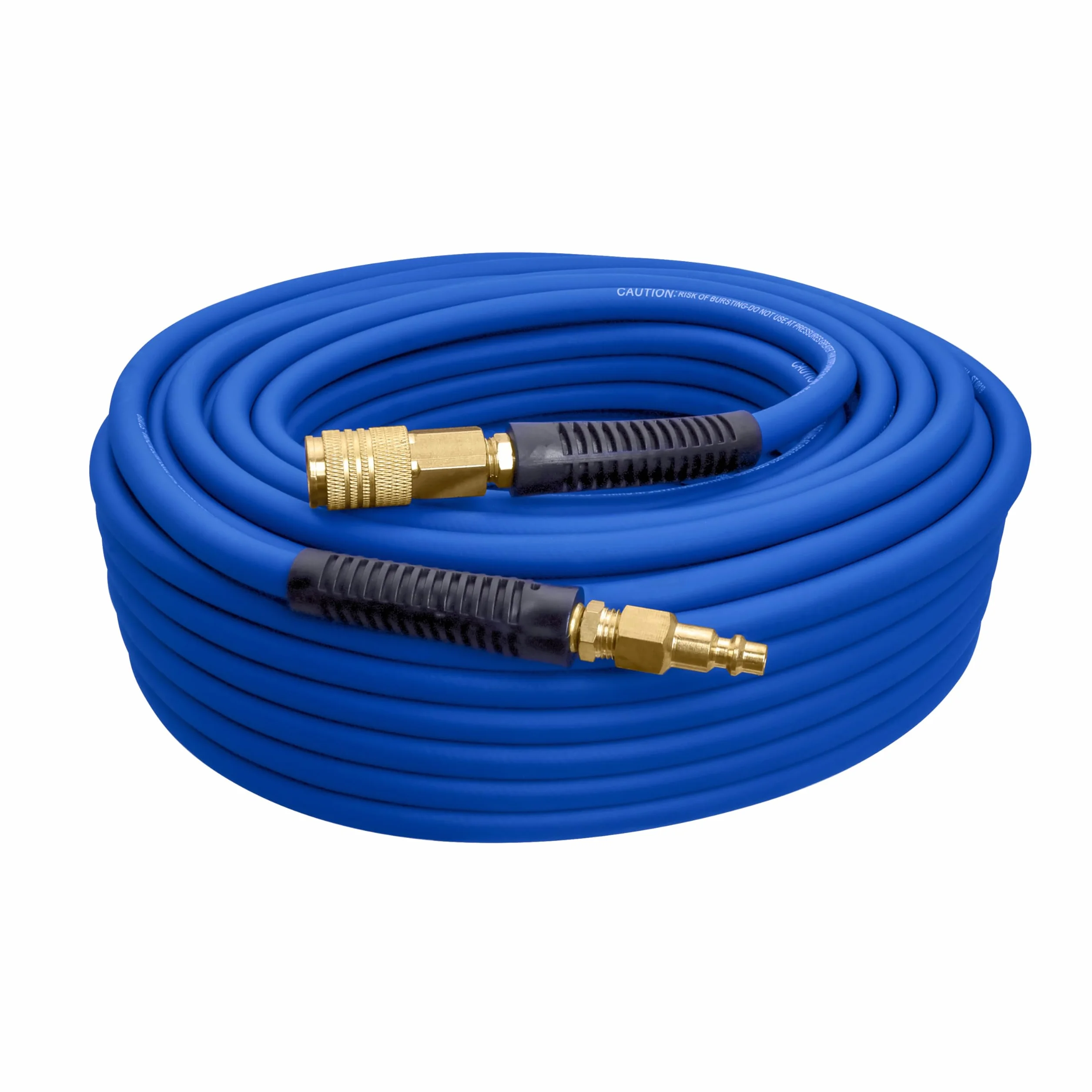 Estwing E1450PVCR 50' PVC/Rubber Hybrid Air Hose with Brass NPT Industrial Fitting and Universal Quick Connect Coupler, Blue and Yellow, 1/4" x 50’