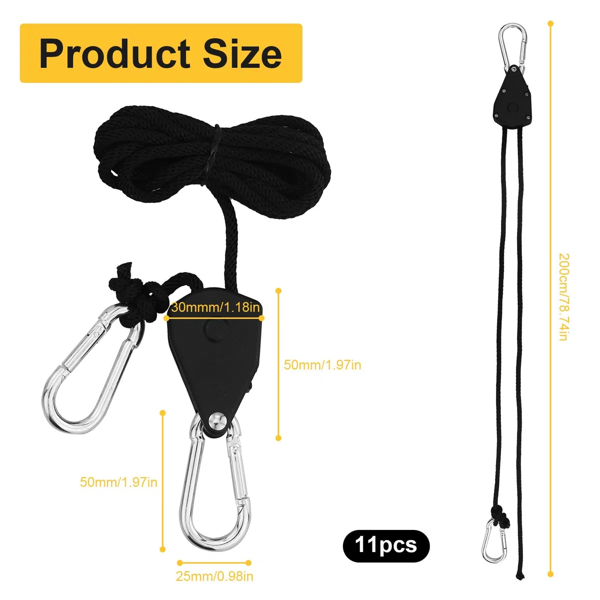 11 carraca de cuerda con gancho, tensor de cuerda de 1/8 pulgadas, carraca resistente, gancho de cuerda ajustable, trinquete de 2 m, colgador de trinquete, para plantas, ventiladores y lámparas